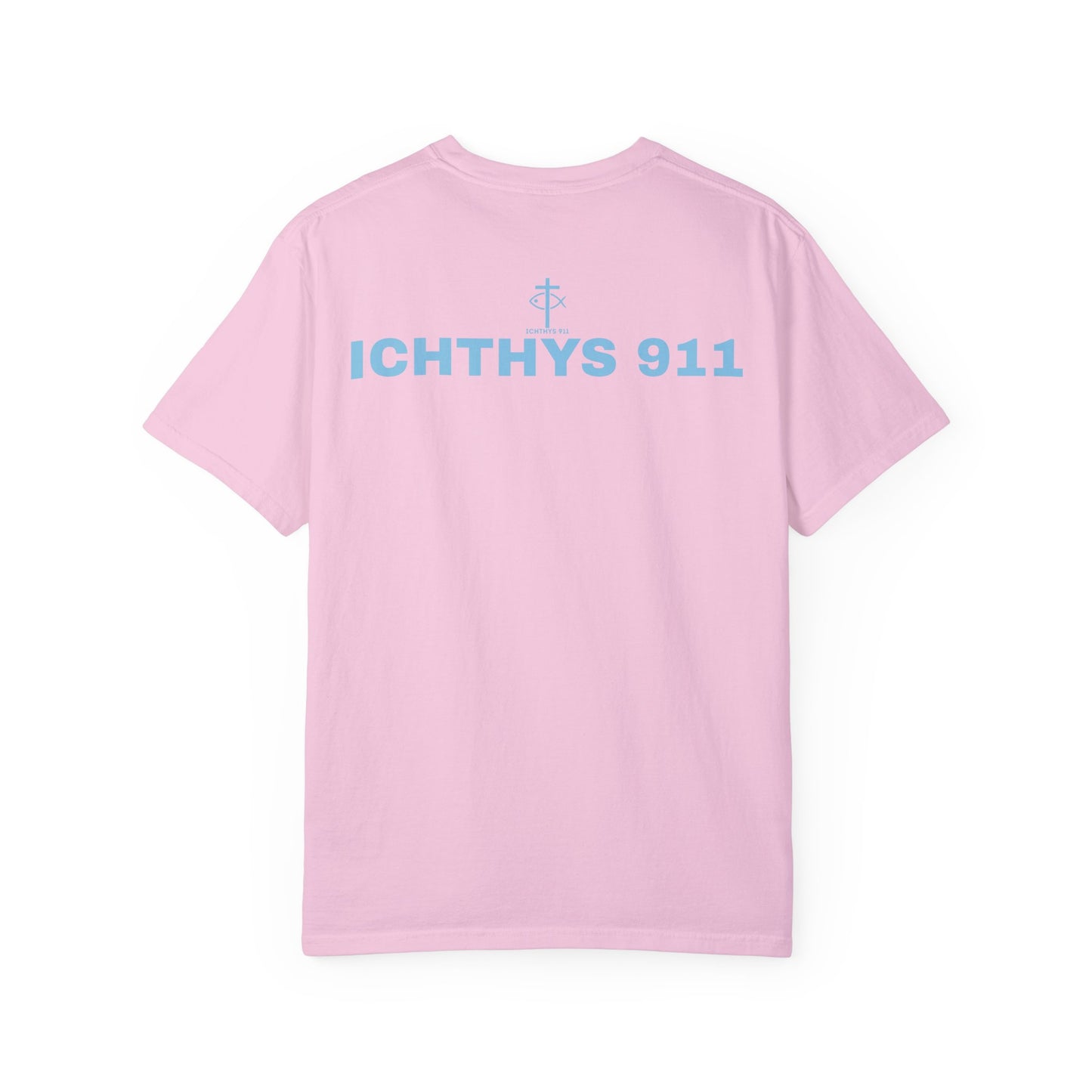 ICHTHYS 911 - Authentic - Christian Streetwear T-Shirt – Jesus Gym & Faith Fashion, Unisex Garment-Dyed T-Shirt Blue Font