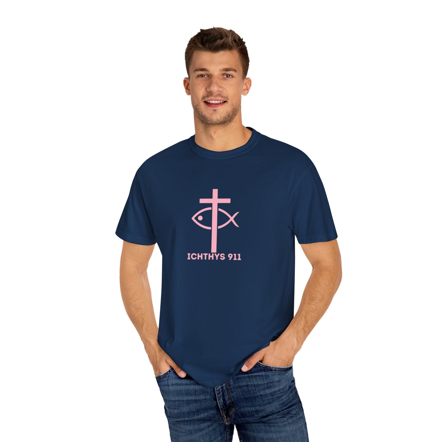 13th Disciple Collection - Christian Streetwear T-Shirt – Jesus Gym & Faith Fashion, Unisex Garment-Dyed T-Shirt Soft Pink Font - Men T-Shirt, Women T-shirt, ICHTHYS 911