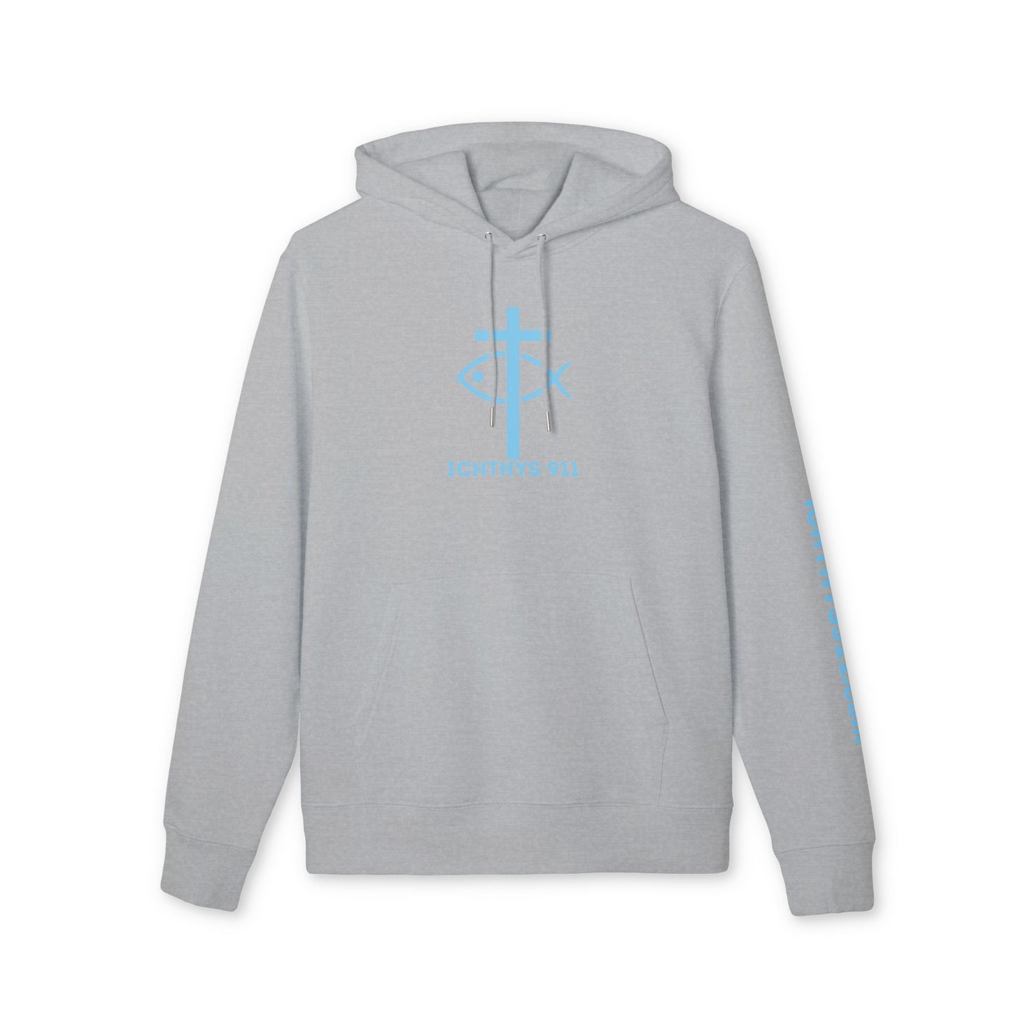 Iēsous Christos, Theou Yios, Sōtēr = Jesus Christ, Son of God, Savior - Unisex - Blue Font - Sweatshirt - ICHTHYS 911 - Hoodie -100% Organic- Heavy