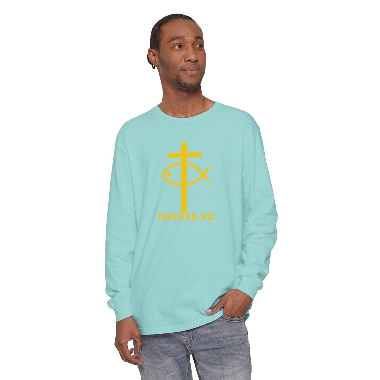 Authentic ICHTHYS 911 Collection -  Gold Font - Unisex Garment Dyed Long Sleeve T-Shirt - Men Long Sleeve - Women Long Sleeve - Christian Faith Symbol Tee - Faith Inspired