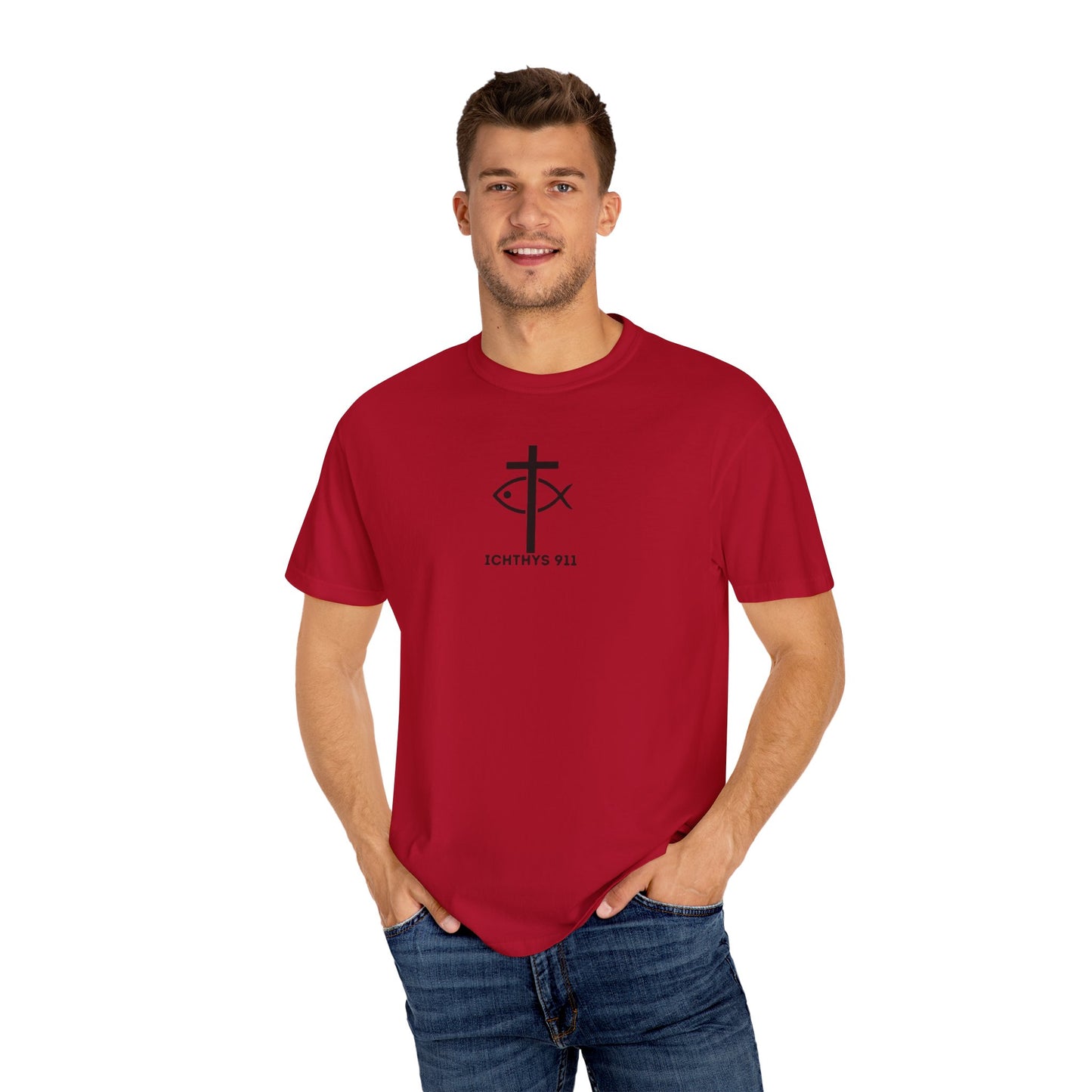 ICHTHYS 911 Black Font - "Run With Endurance Hebrews 12:1" - Unisex Garment Dyed T-Shirt -100% US Cotton - Men T-Shirt - Women T-Shirt - Bible Verse - Christian Faith - Christian Workout