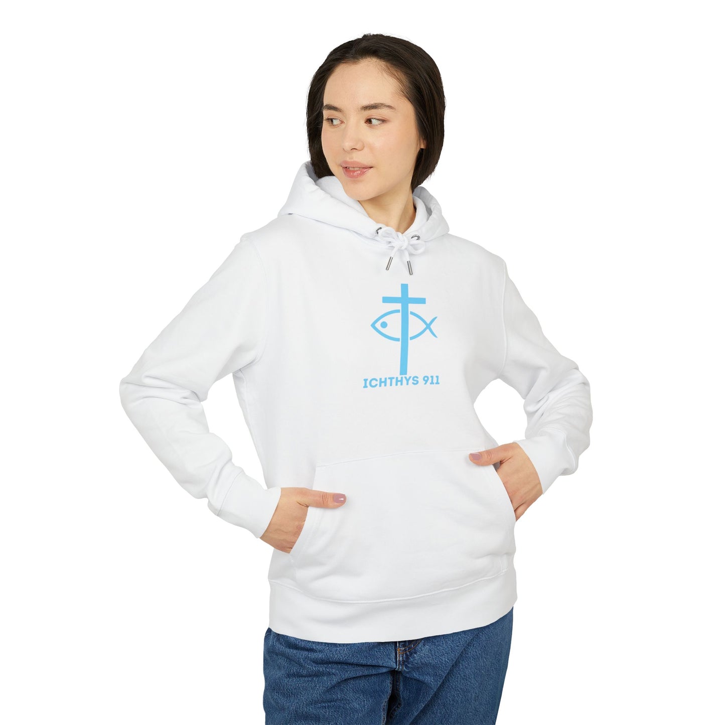 Iēsous Christos, Theou Yios, Sōtēr = Jesus Christ, Son of God, Savior - Unisex - Blue Font - Sweatshirt - ICHTHYS 911 - Hoodie -100% Organic- Heavy