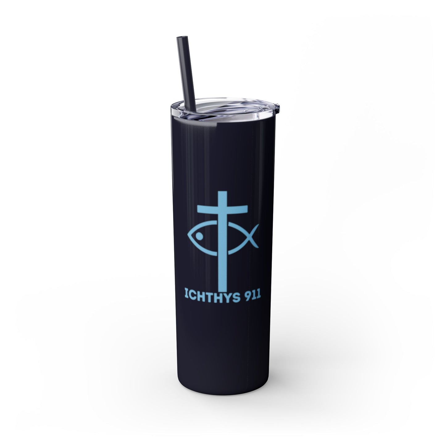 ICHTHYS 911 - Blue Font - Faith-Inspired Skinny Tumbler with Straw - 20oz Baby Shower Drip