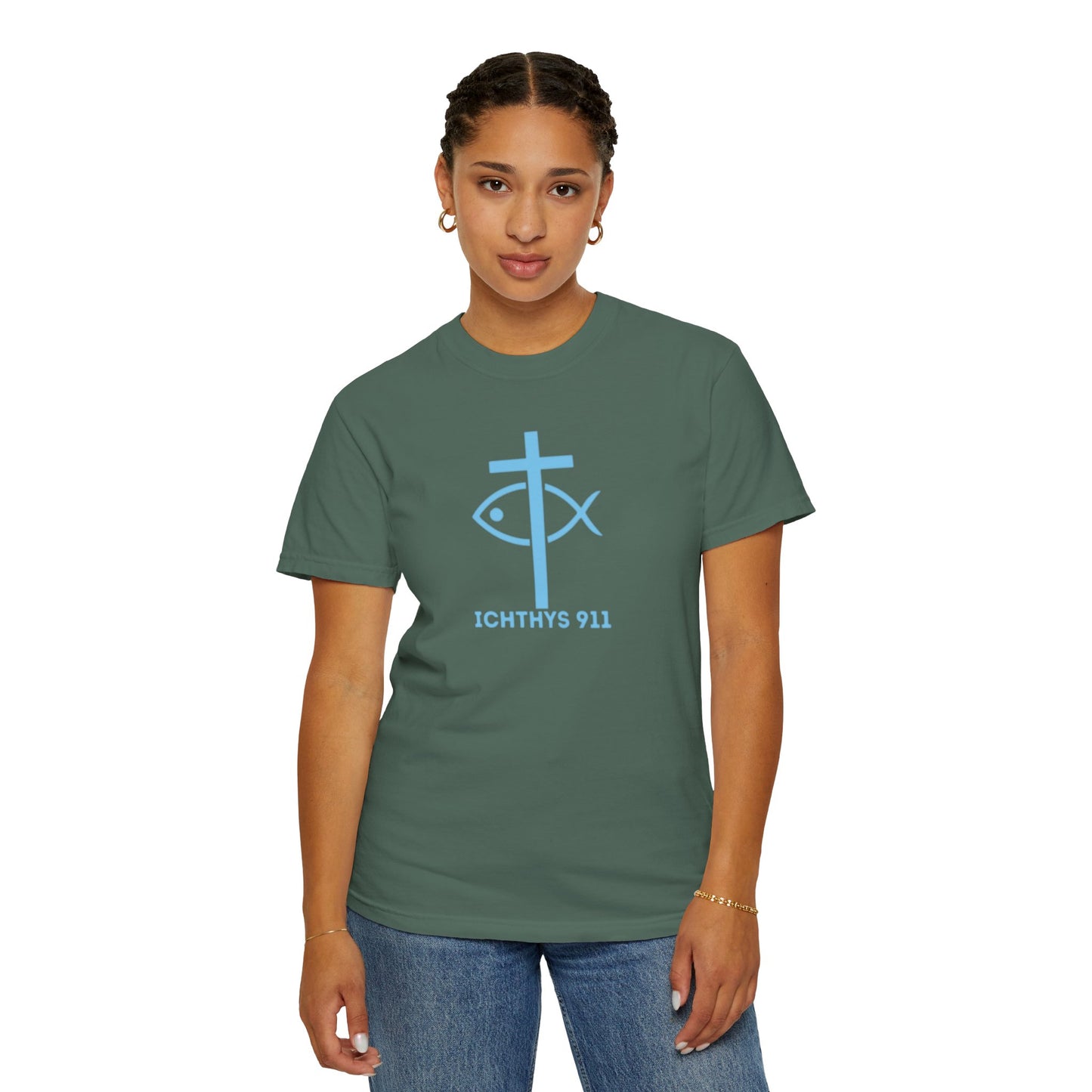 Iēsous Christos, Theou Yios, Sōtēr - Blue Font - Garment-Dyed Unisex T-Shirt - Men T-Shirt - Women T-Shirt - Christian Symbol - Greek - Faith Inspired -Christian Streetwear – Jesus Gym & Faith Fashion, Unisex Garment -ICHTHYS 911 - Additional Colors