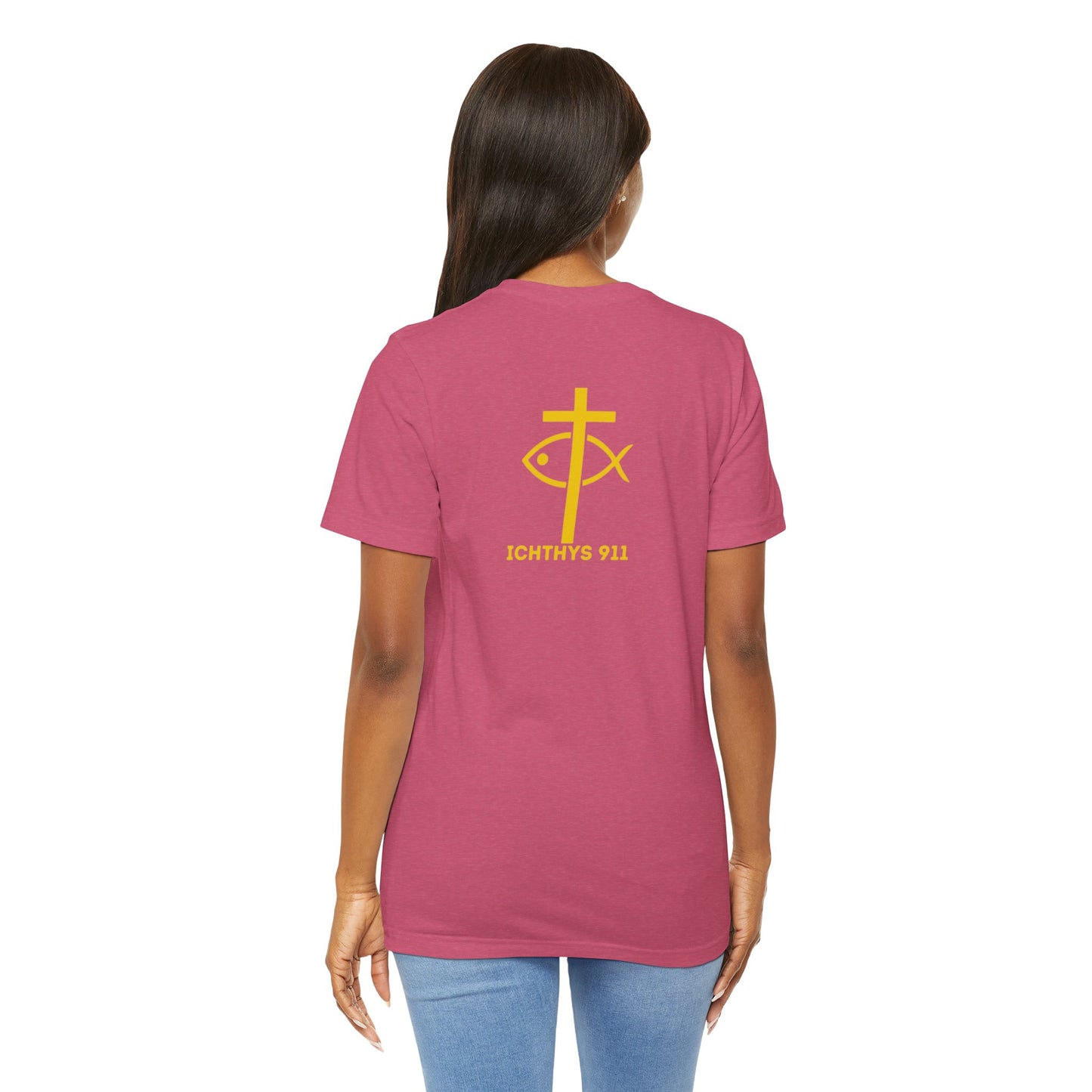 ICHTHYS 911 - "Roll With God Love Like Jesus" - Reverse Design - Unisex T- Shirt - Lightweight 100% Cotton - Summer T - Arm Form Fitting - Men T- Shirt - Women T-Shirt - Christian T-Shirt - Love Like Jesus