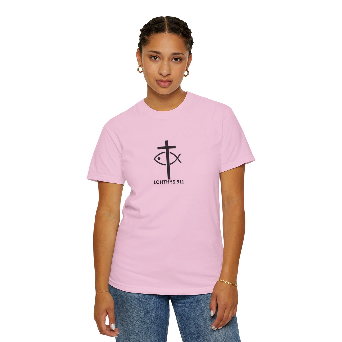 ICHTHYS 911 - Black Font "Faith & Strength" - Unisex Garment Dyed T- Shirt - 100% US Cotton - Men T-Shirt - Women T-Shirt - Inspirational Graphic T-Shirt for Everyday Motivation - Women T-Shirt - Soft T