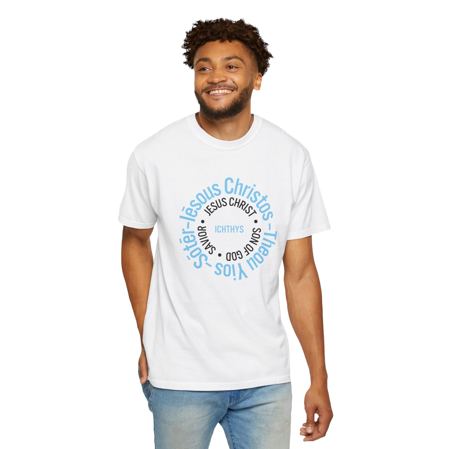 ICHTHYS 911 Blue & Black Font "Iēsous Christos, Theou Yios, Sōtēr" - Collection - Reverse Design - Unisex Garment Dyed - 100% US Cotton - Christian Graphic Tee - Gym - T - Christian Faith - Jesus Wear - Women T-Shirt - Men T-Shirt