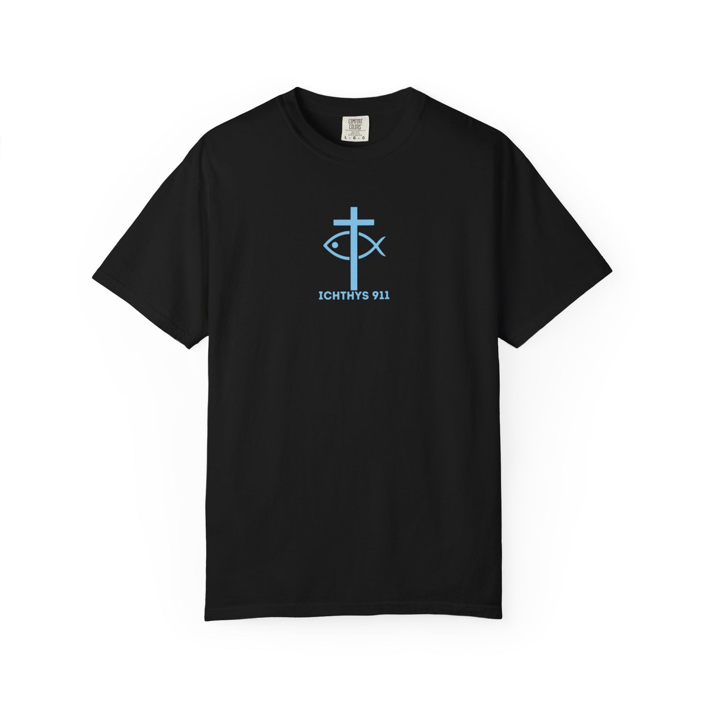 ICHTHYS 911 Black Font - "Run With Endurance Hebrews 12:1" - Unisex Garment Dyed T-Shirt -100% US Cotton - Men T-Shirt - Women T-Shirt - Bible Verse - Christian Faith - Christian Workout