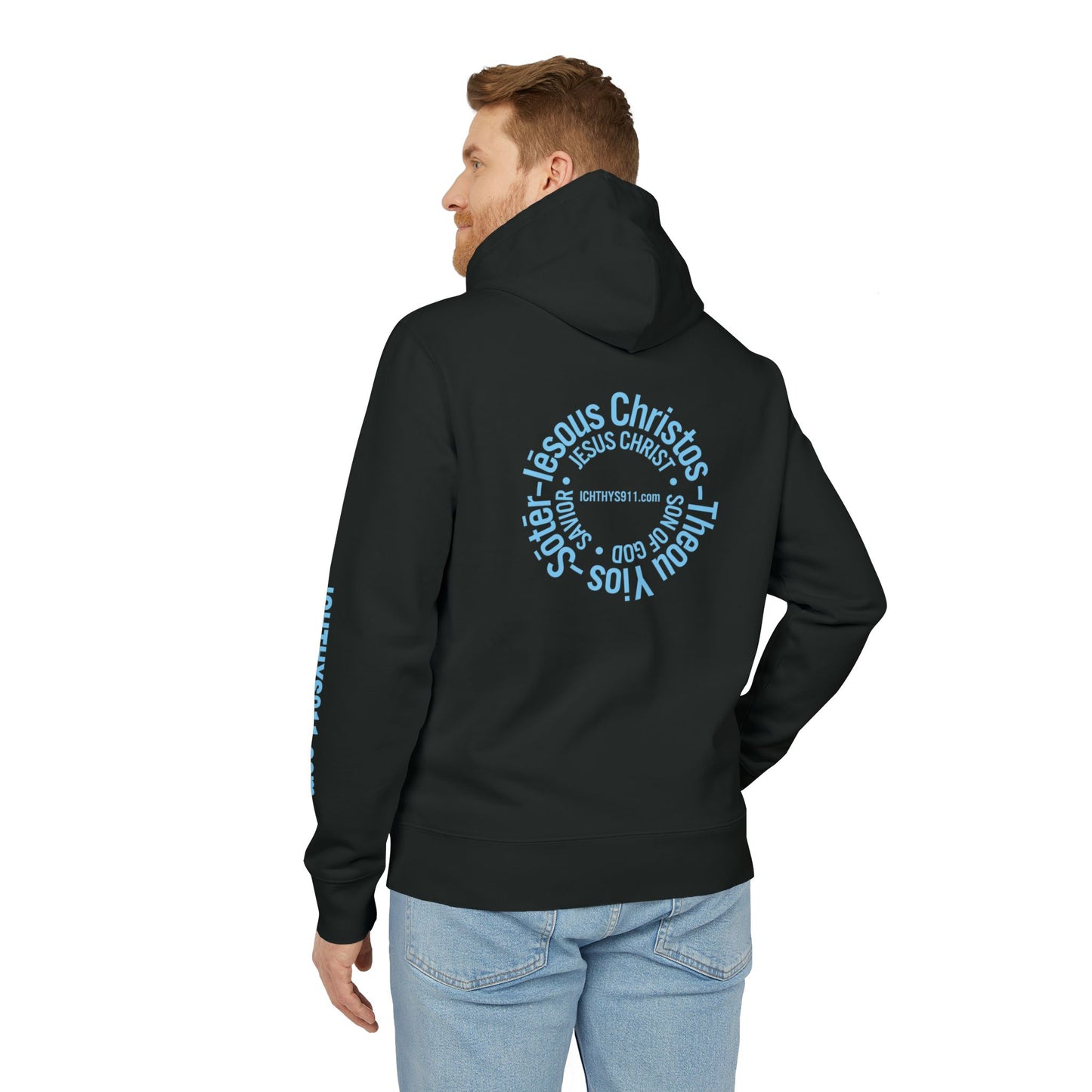 Iēsous Christos, Theou Yios, Sōtēr = Jesus Christ, Son of God, Savior - Unisex - Blue Font - Sweatshirt - ICHTHYS 911 - Hoodie -100% Organic- Heavy