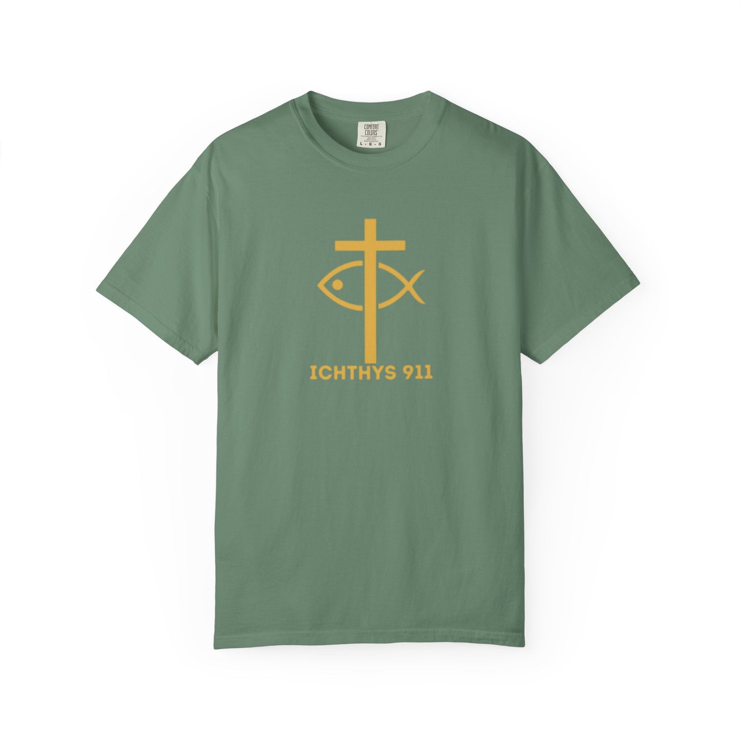Iēsous Christos, Theou Yios, Sōtēr = Jesus Christ, Son of God, Savior - Gold Font - Unisex Garment Dyed T- Shirt - Men T-Shirt - Women T-Shirt - Christian Streetwear T-Shirt – Jesus Gym & Faith Fashion,ICHTHYS 911 -