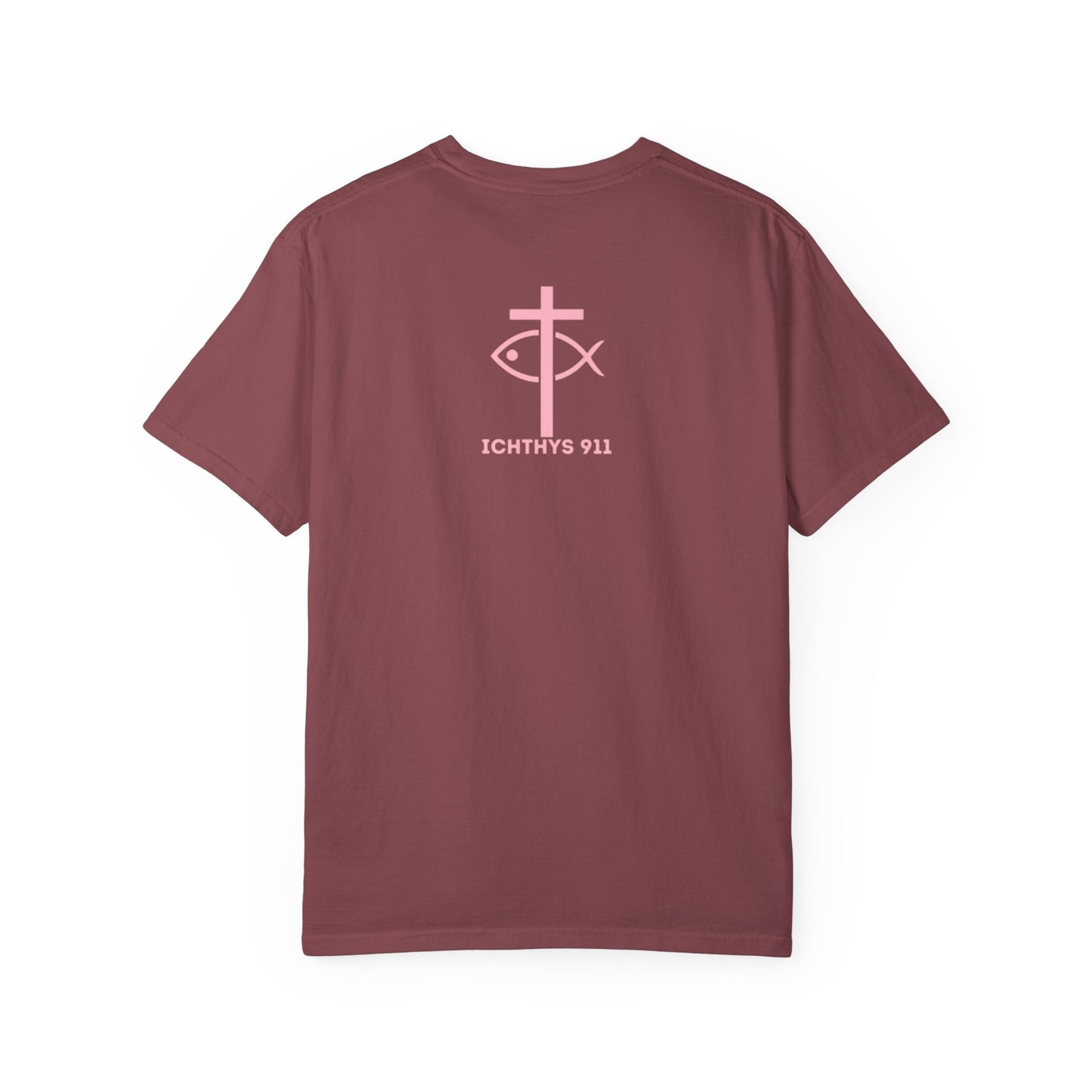 ICHTHYS 911 Pink Font "Badge Collection" - Unisex Garment Dyed T-Shirt 100% US Cotton - Christian Graphic Tee - Gym - T - Christian Faith - Jesus Wear - Women T-Shirt - Men T-Shirt - Garment Dyed