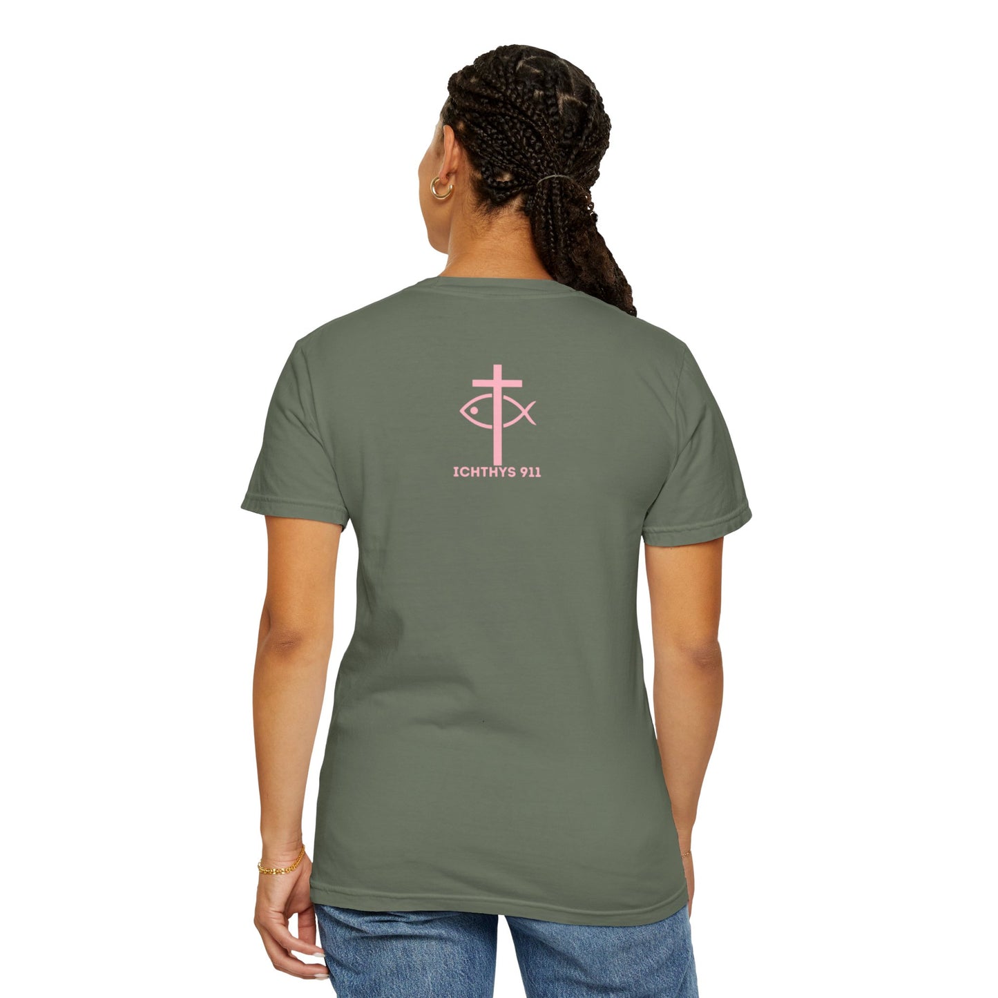 ICHTHYS 911 Pink Font "Faith, Hope, & Love Reverse" - Unisex Garment Dyed T-Shirt - 100% US Cotton - Men T-Shirt - Christian Women Tee - Faith-Inspired Shirt - Christian Fashion - Wear Your Faith