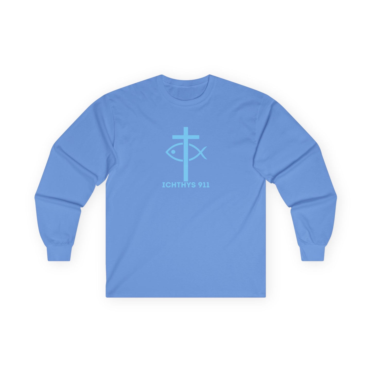 ICHTHYS 911 "Strength Through Christ Philippians 4:13" - Blue Font - Unisex Shirt - Men - Women - Christian Activewear - Wear Your Faith Long Sleeve Tee - Ichthys 911 & Strength Through Christ Philippians 4:13 Design