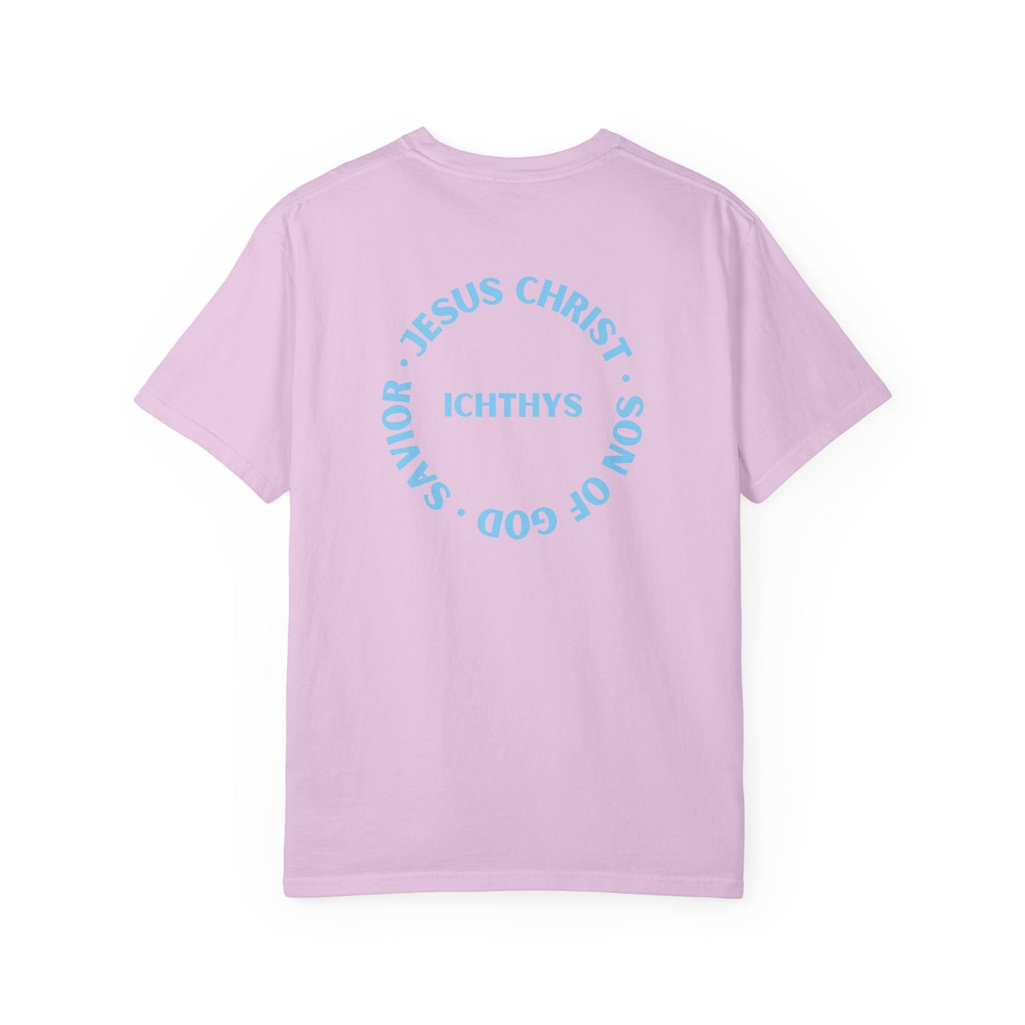 Jesus Christ Son of God Savior - Blue Font - Christian Streetwear T-Shirt – Jesus Gym & Faith Fashion, Unisex Garment-Dyed T-Shirt, ICHTHYS911, Men T-Shirt, Women T-Shirt