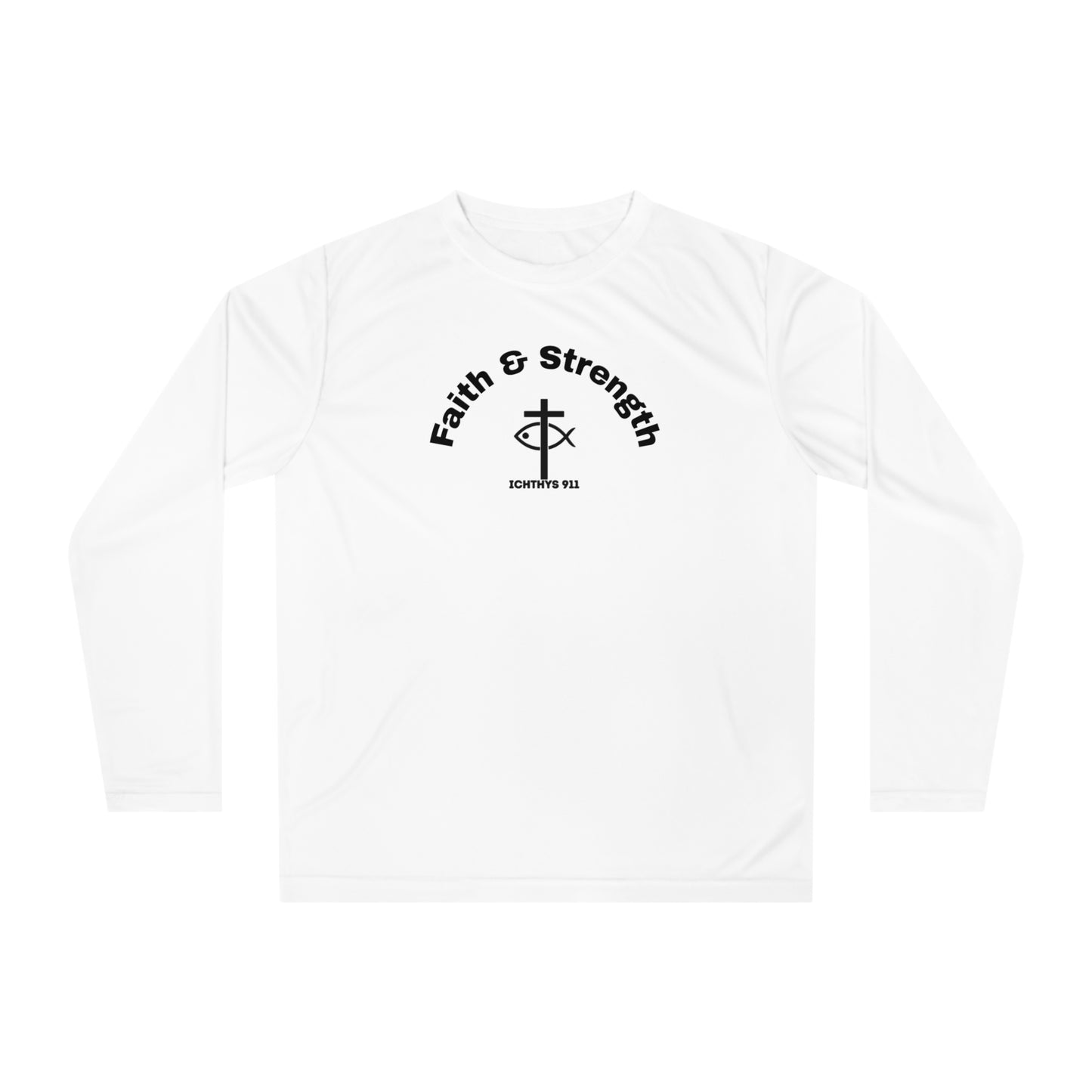 ICHTHYS 911 "Faith & Strength" - Reverse - Unisex Performance Long Sleeve Shirt - ICHTHYS 911 Christian Activewear - 100% Moisture-Wicking Poly - UPF 30+ - Men Shirt - Women Shirt