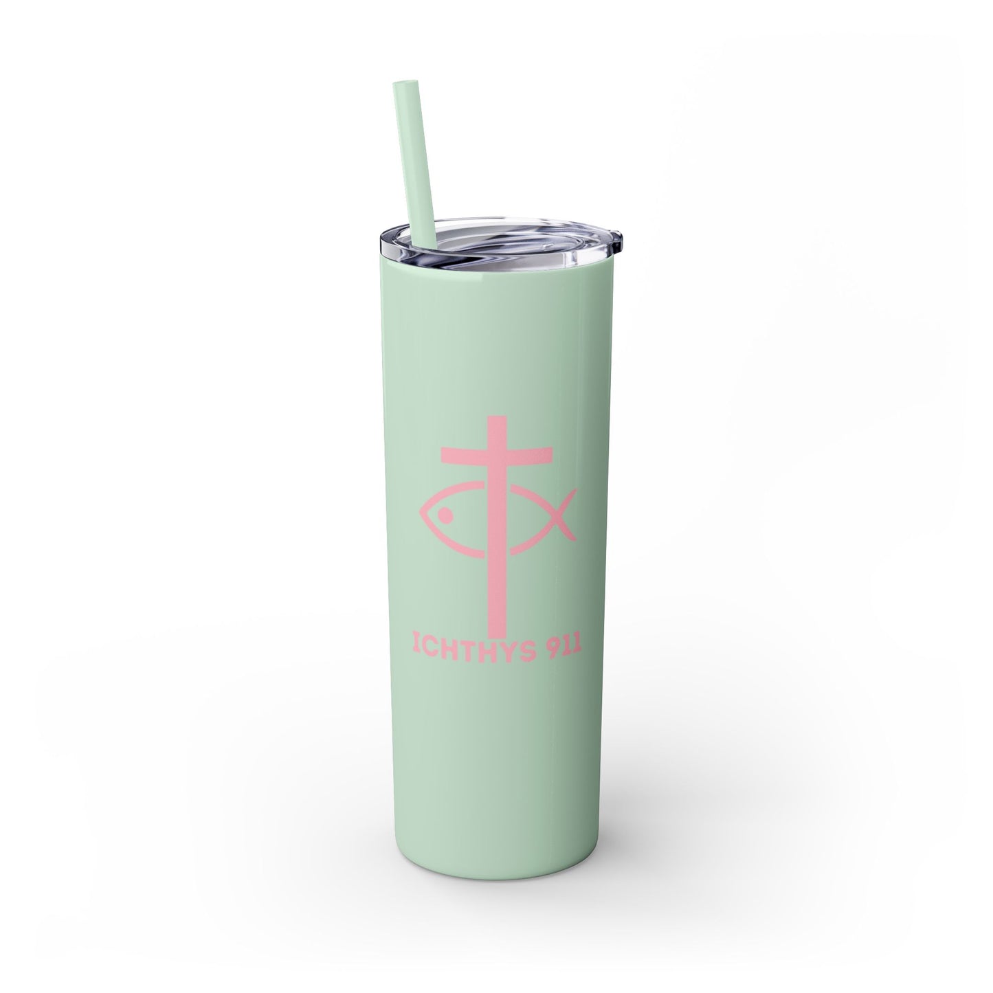 ICHTHYS 911 Pink & Blue Faith-Inspired Skinny Tumbler with Straw - 20oz Baby Shower Drip - Party Favor