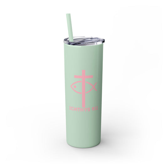 ICHTHYS 911 Pink & Blue Faith-Inspired Skinny Tumbler with Straw - 20oz Baby Shower Drip - Party Favor