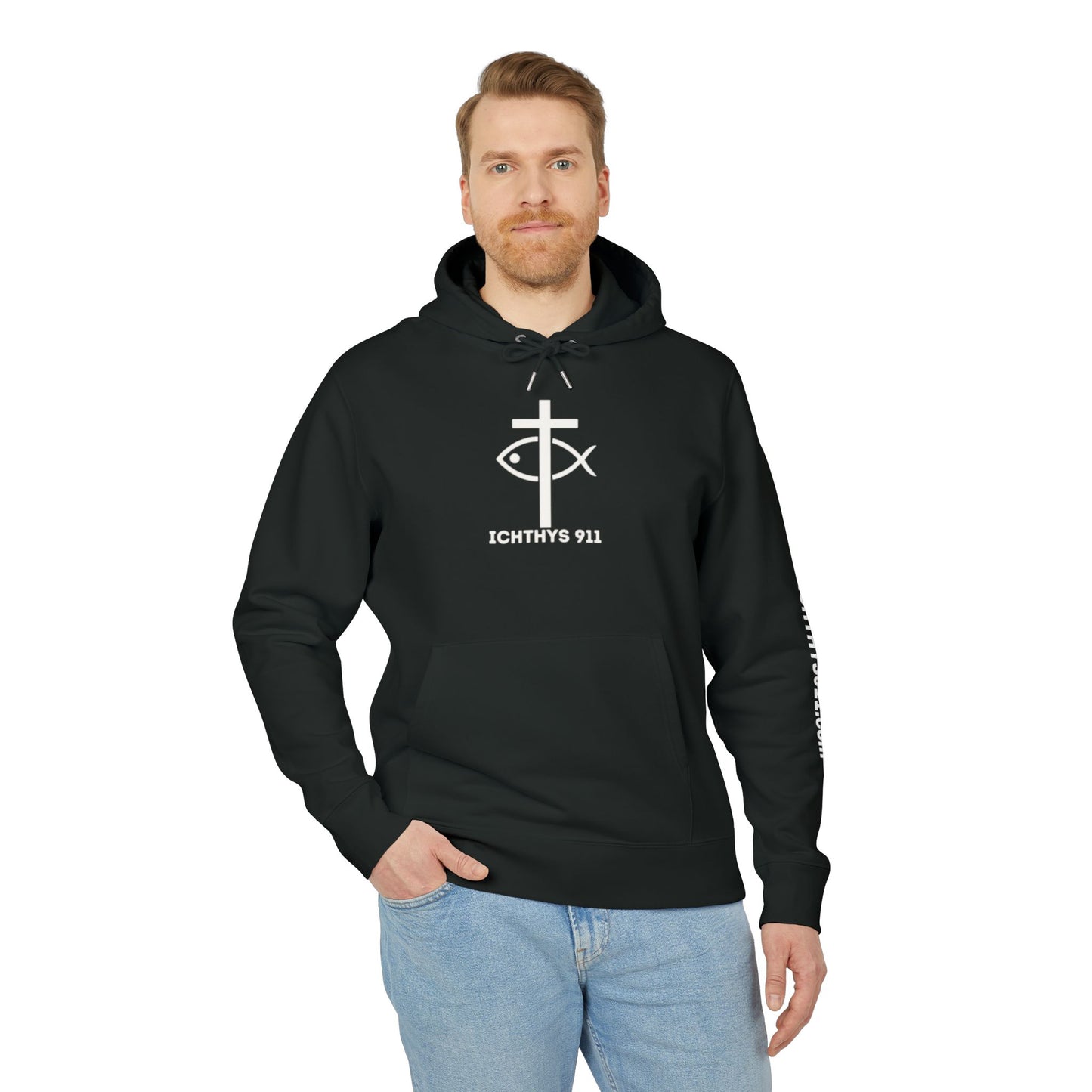 ICHTHYS 911 Hoodie – Unisex Pullover -White Font - Black Font on White - Heavy Fabric - ICHTHYS 911 Logo on Front & Back - 100% Organic