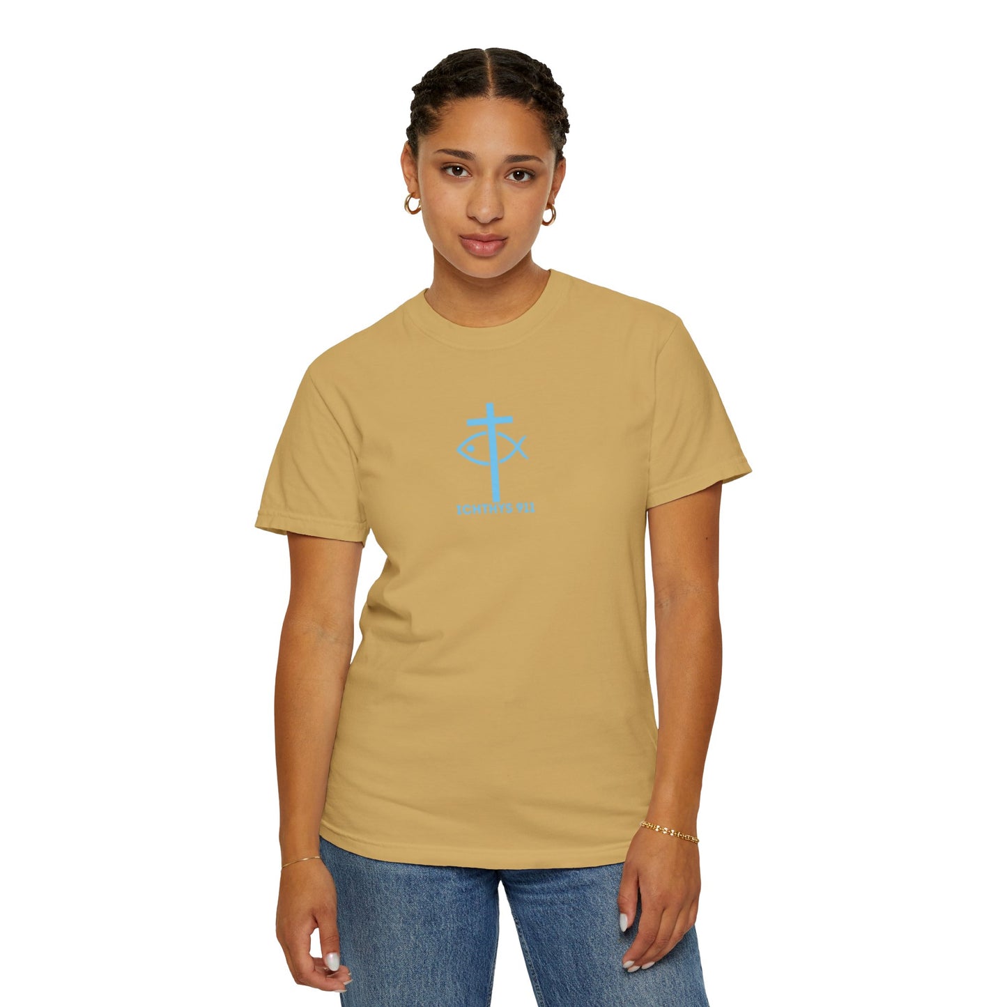 ICHTHYS 911 - "Jesus Christ Son of God Savior" Blue Font - Christian Streetwear T-Shirt – Jesus Gym & Faith Fashion, Unisex Garment-Dyed T-Shirt Blue Font