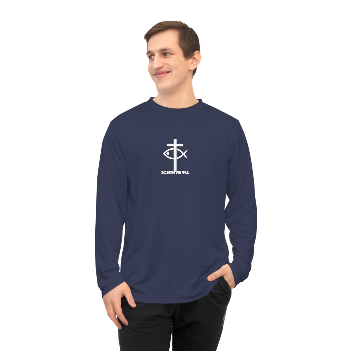 ICHTHYS 911 - "Faith Driven" Unisex - Men - Women -100% Moisture-Wicking Poly - Performance Long Sleeve Shirt - Christian Activewear UPF 30+ Sun protection
