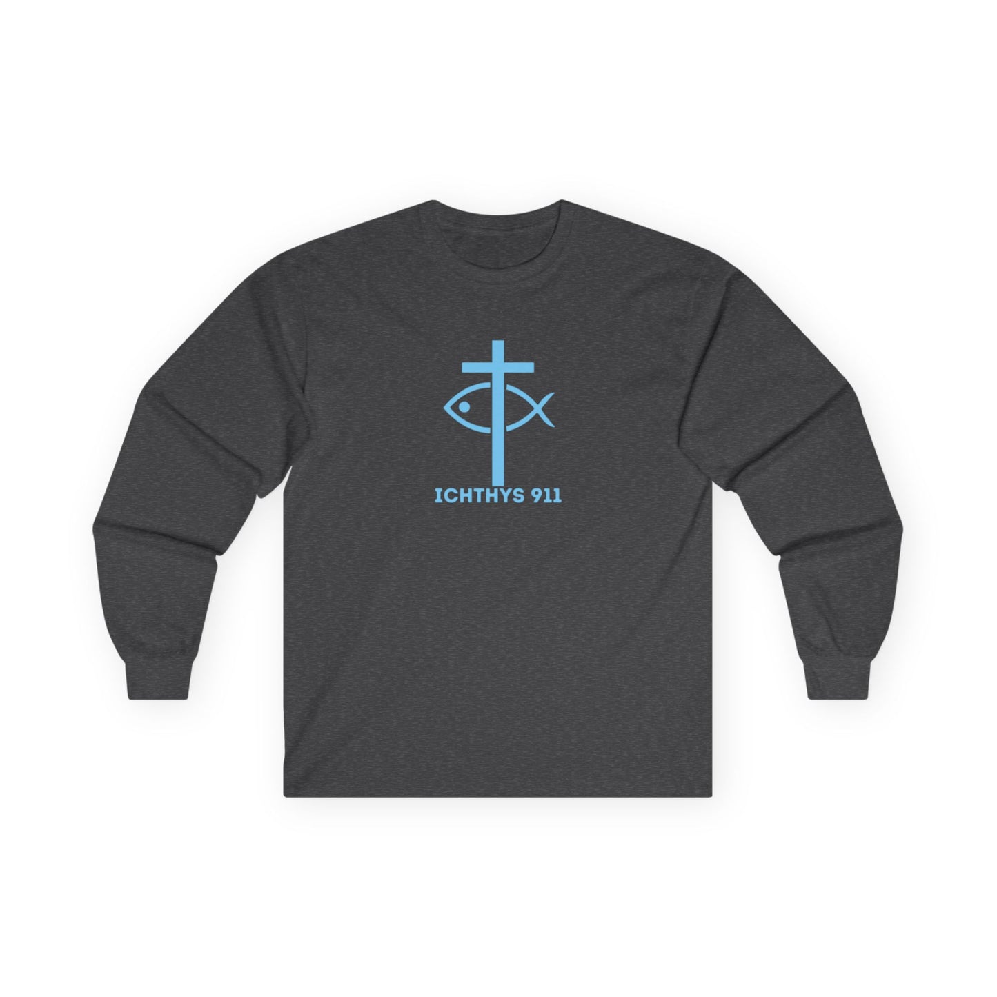 ICHTHYS 911 "Strength Through Christ Philippians 4:13" - Blue Font - Unisex Shirt - Men - Women - Christian Activewear - Wear Your Faith Long Sleeve Tee - Ichthys 911 & Strength Through Christ Philippians 4:13 Design