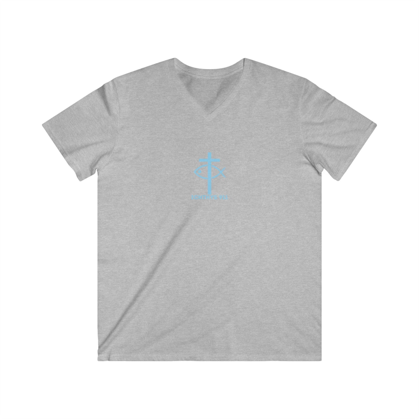 ICHTHYS 911 - Blue Font - "Iēsous Christos, Theou Yios, Sōtēr" - Men's Fitted V-Neck Tee with Inspirational Design - Perfect for Faith and Casual Wear
