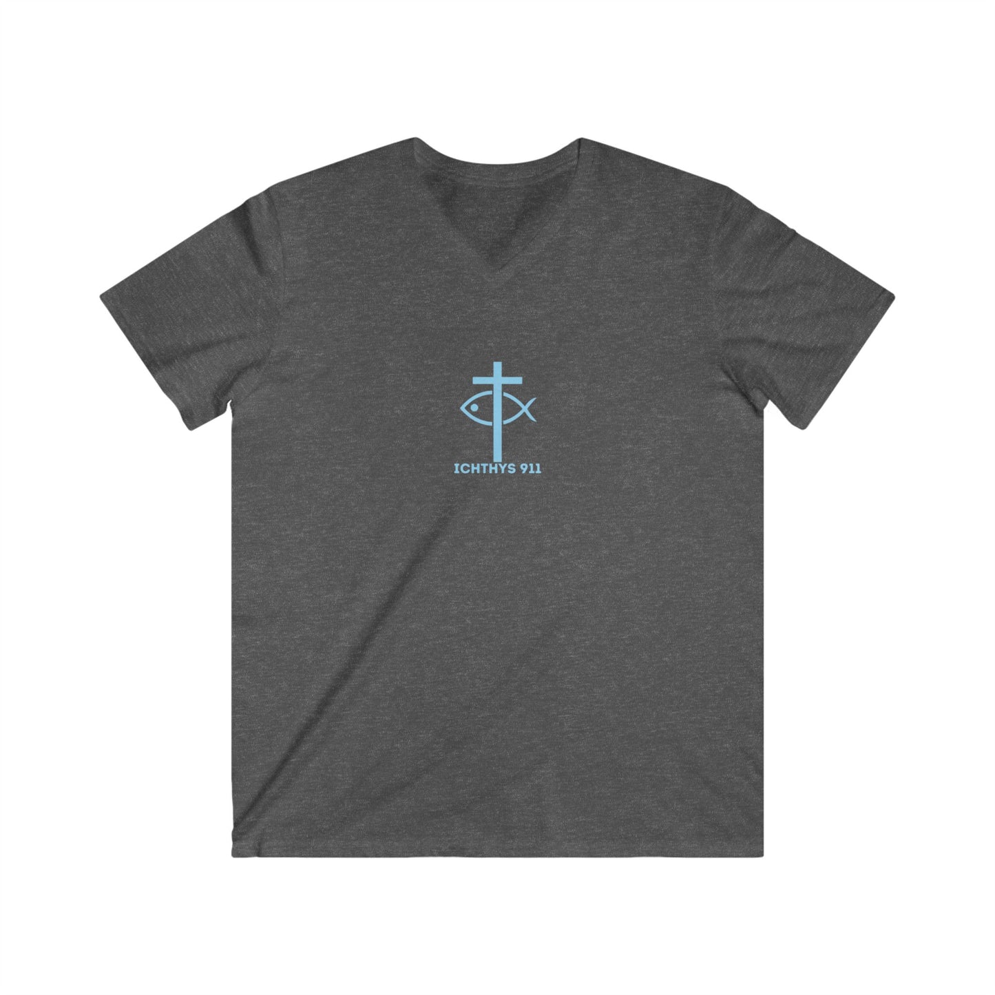 ICHTHYS 911 - Blue Font - "Iēsous Christos, Theou Yios, Sōtēr" - Men's Fitted V-Neck Tee with Inspirational Design - Perfect for Faith and Casual Wear
