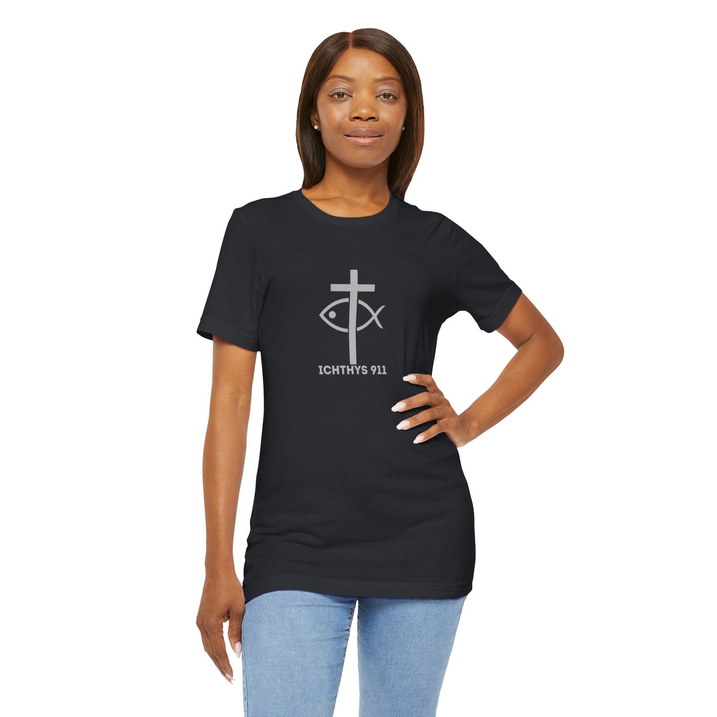 ICHTHYS 911 - "Roll With God Ride With Jesus" - Silver Font - Unisex T- Shirt - Lightweight 100% Cotton - Summer T - Arm Form Fitting - Men T- Shirt - Women T-Shirt - Christian T-Shirt
