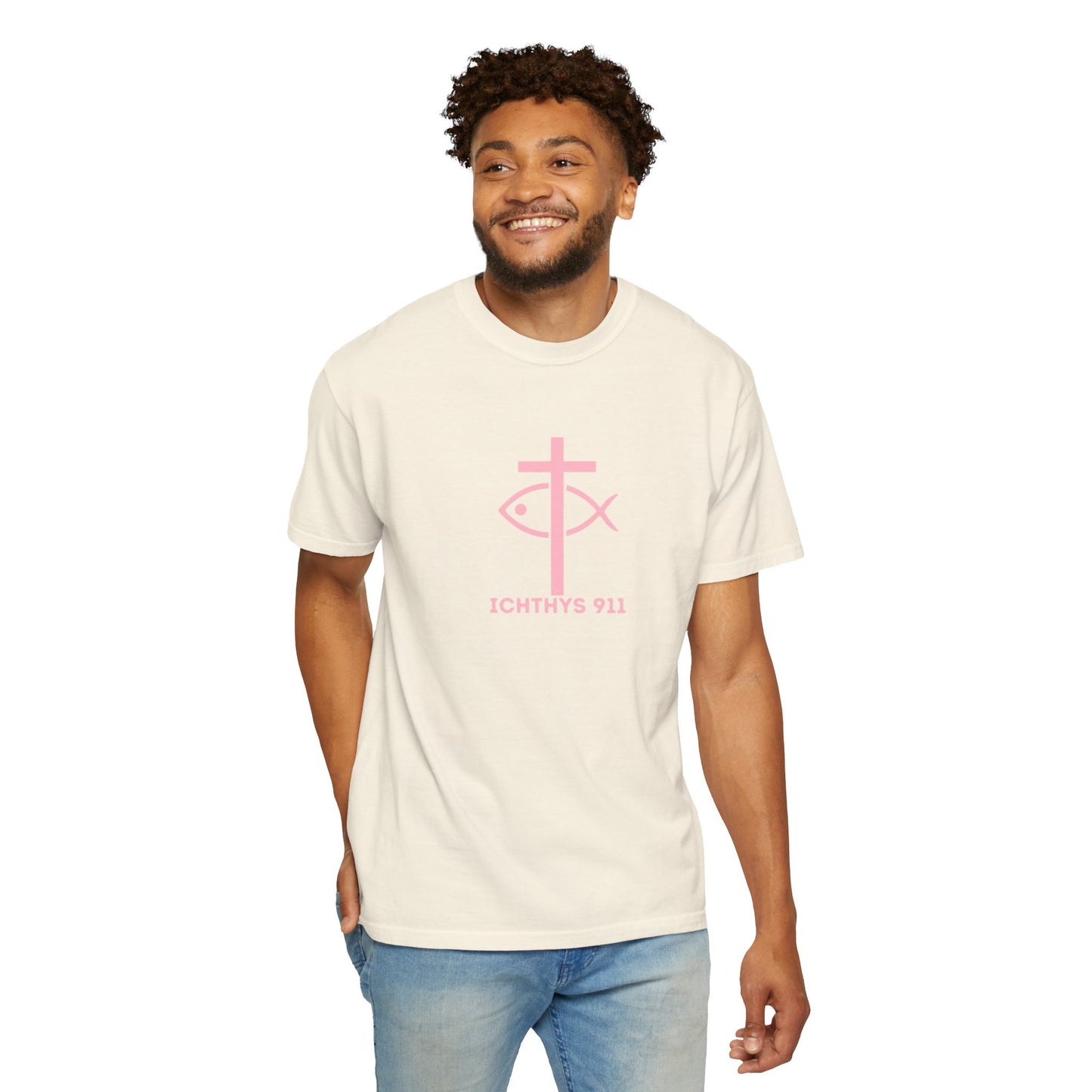 ICHTHYS 911 - Authentic - Christian Streetwear T-Shirt / Sweatshirt – Jesus Gym & Faith Fashion, Unisex Garment-Dyed T-Shirt Soft Pink Font