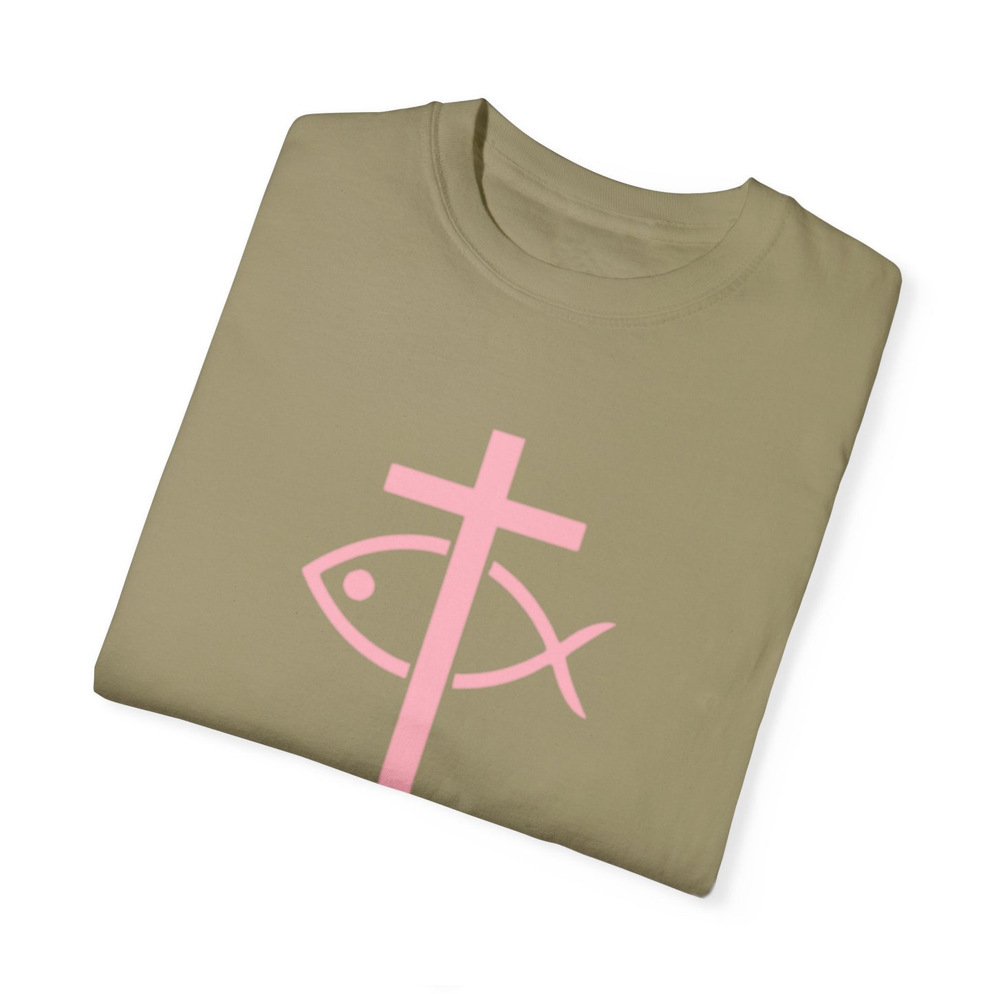 ICHTHYS 911 - Authentic - W/O IC 911 on Back -Christian Streetwear T-Shirt – Jesus Gym & Faith Fashion, Unisex Garment-Dyed T-Shirt Soft Pink Font
