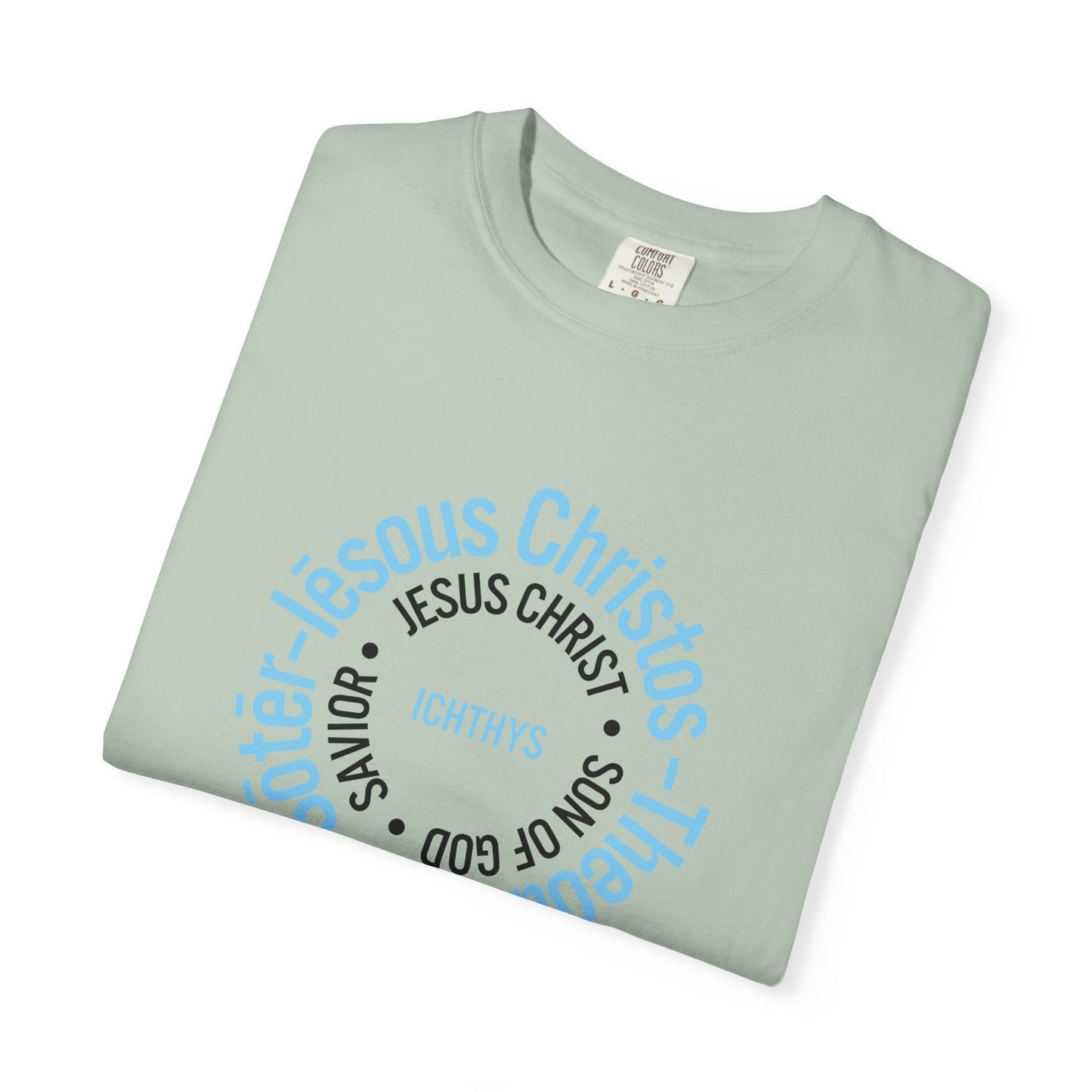 ICHTHYS 911 Blue Font "Iēsous Christos, Theou Yios, Sōtēr" - Reverse - Collection - Unisex - Christian Graphic Tee - Gym - T - Christian Faith - Jesus Wear - Women T-Shirt - Men T-Shirt
