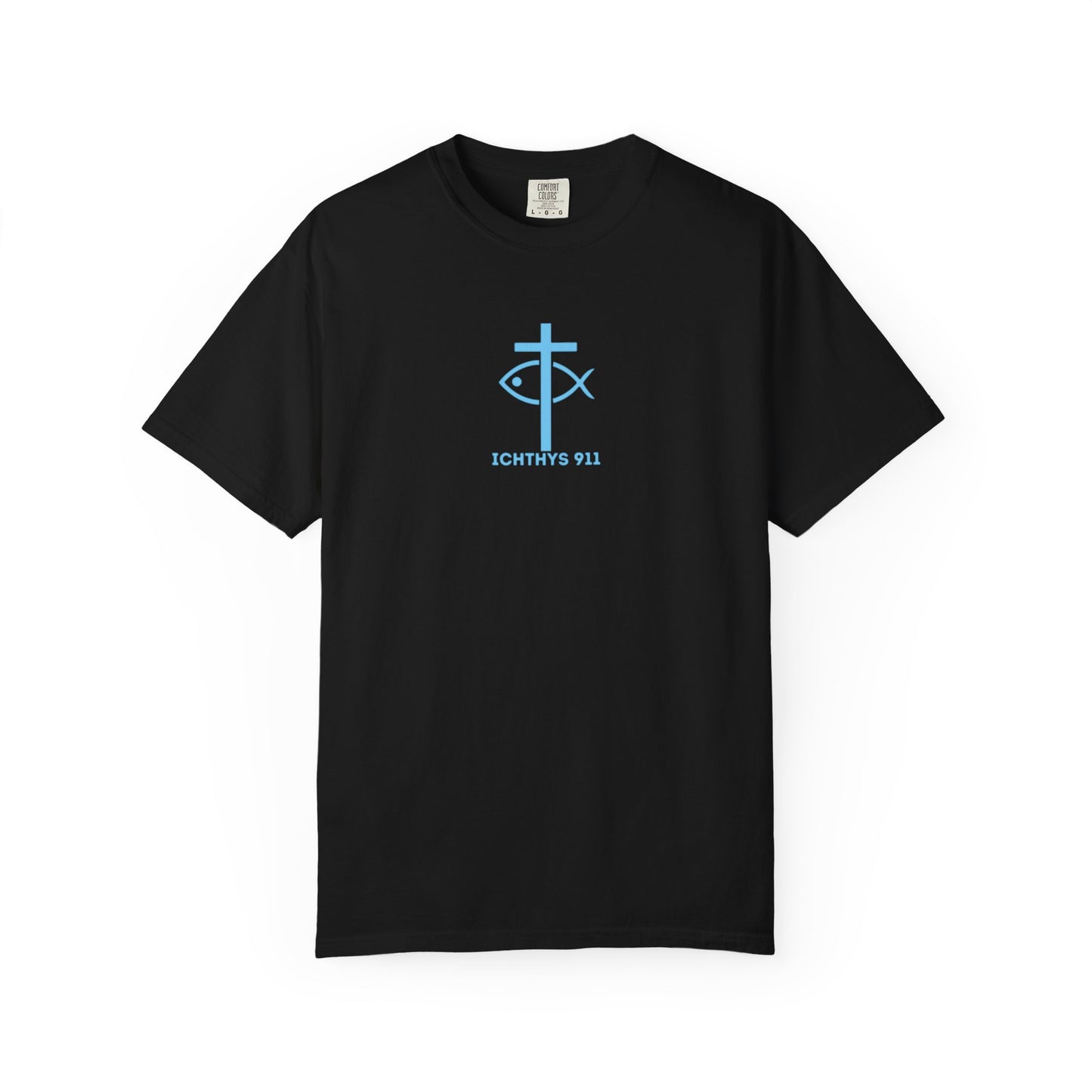 ICHTHYS 911 - "Jesus Christ Son of God Savior" Blue Font - Christian Streetwear T-Shirt – Jesus Gym & Faith Fashion, Unisex Garment-Dyed T-Shirt Blue Font