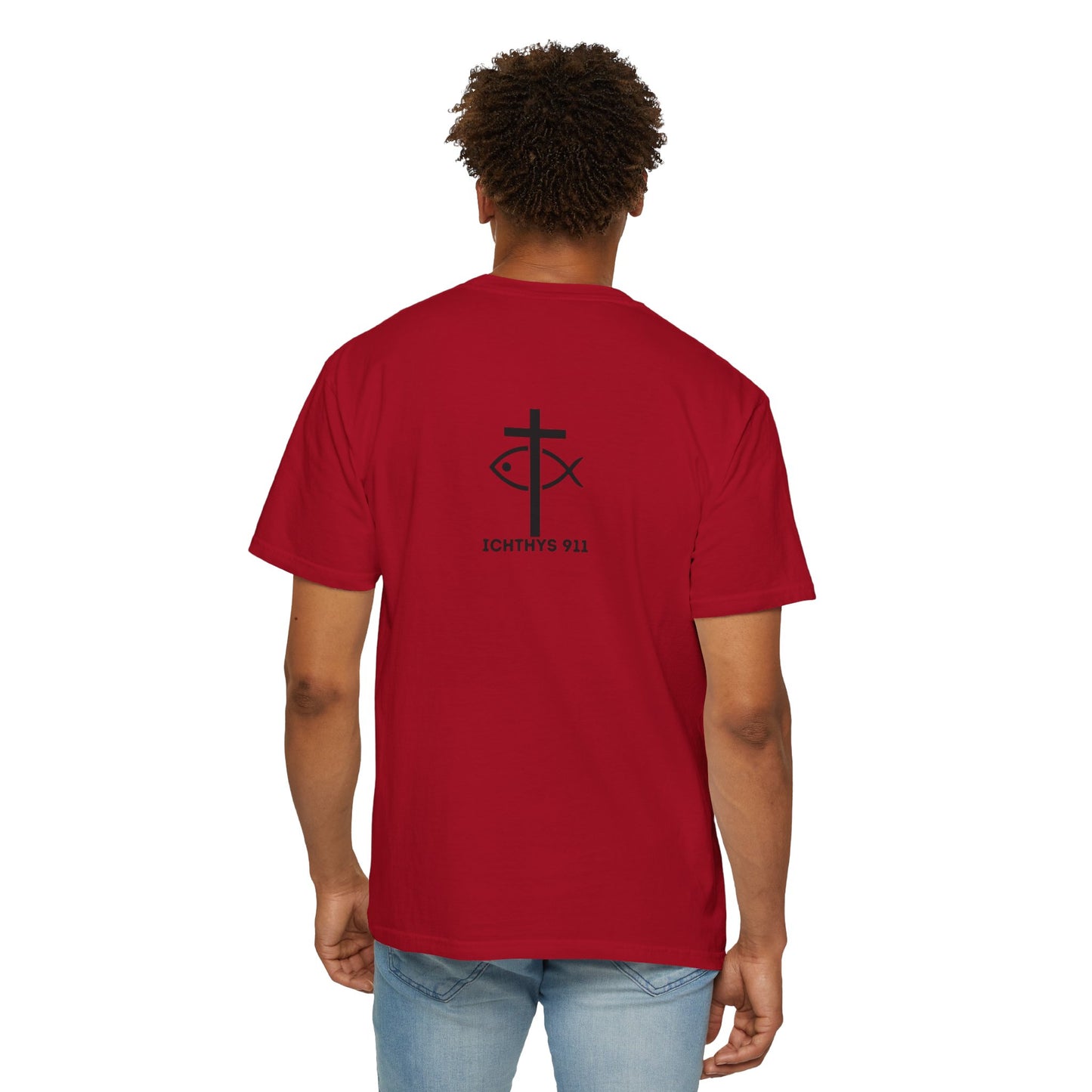 ICHTHYS 911 "Faith & Strength" Reverse - Black Font - Unisex Garment -Dyed Tee - 100% US Cotton - Men T-Shirt - Women T-Shirt - Inspirational Christian Shirt - Very Good Quality and Feel