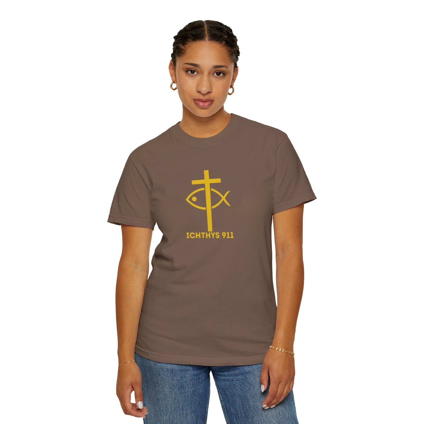 ICHTHYS 911 - "Jesus Christ Son of God Savior" - Gold Font - Unisex Garment Dyed T- Shirt - Men T-Shirt - Women T-Shirt - Christian Streetwear T-Shirt – Jesus Gym & Faith Fashion