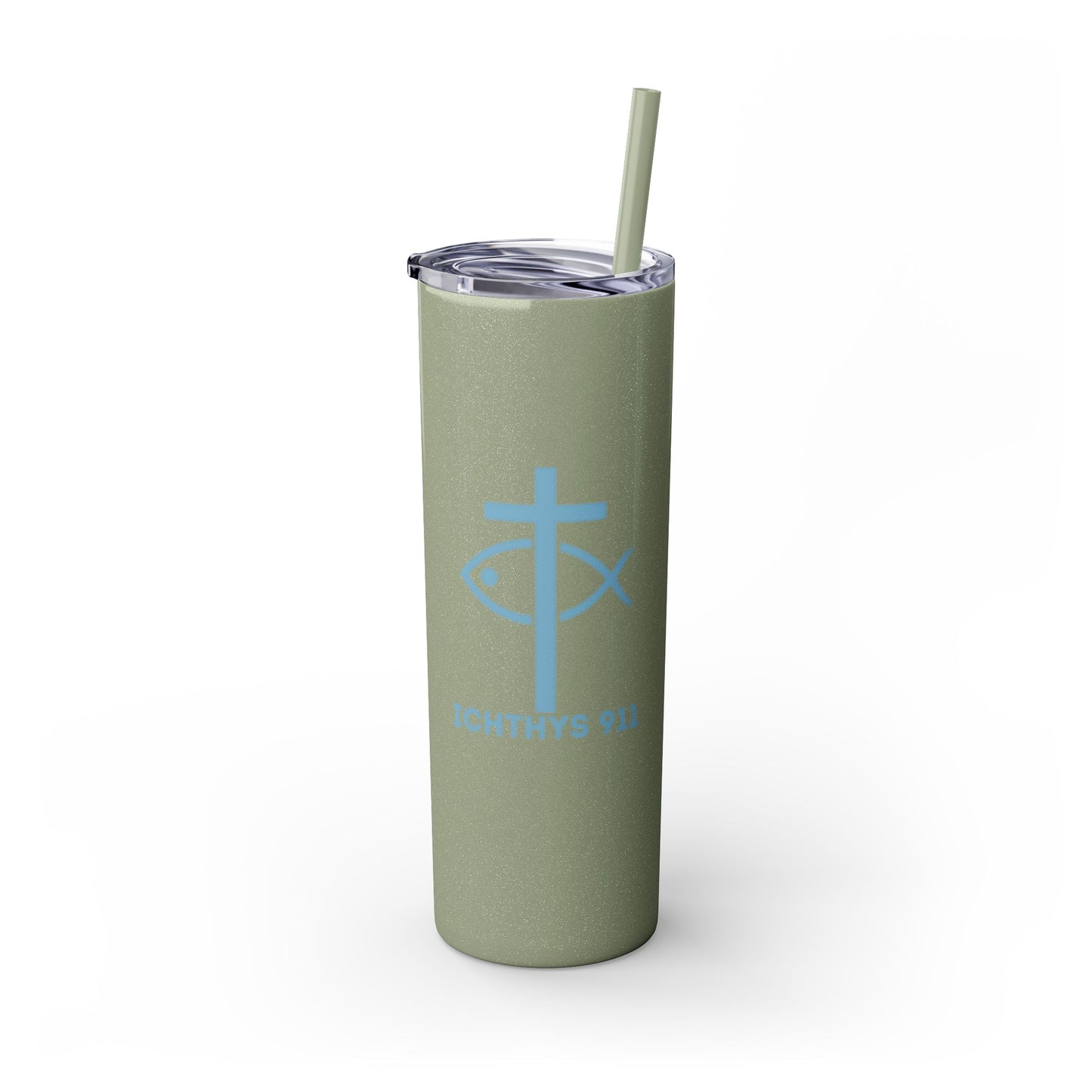 ICHTHYS 911 - Blue Font - Faith-Inspired Skinny Tumbler with Straw - 20oz Baby Shower Drip