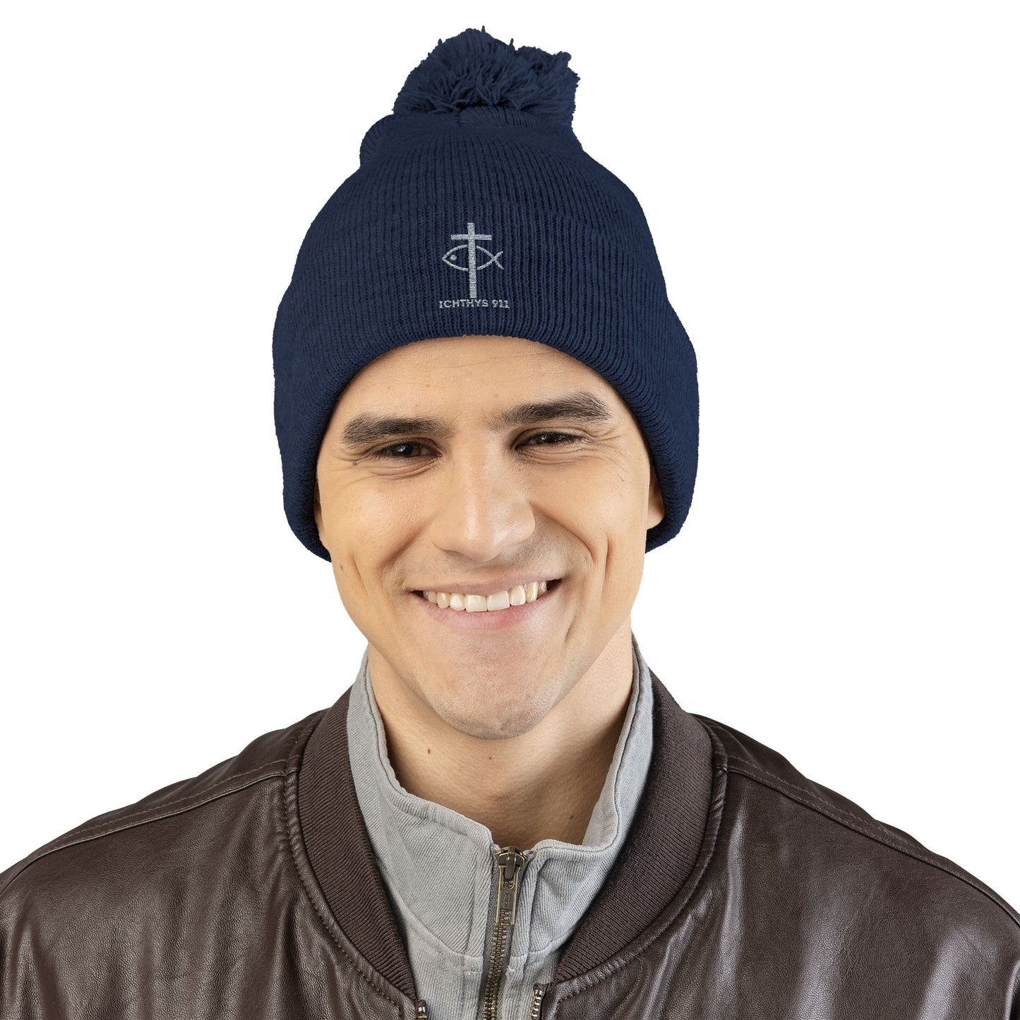 Cozy Pom-Pom Knit Cap | Winter Accessory with Embroidery - Christian Faith Wear - ICHTHYS 911 Design