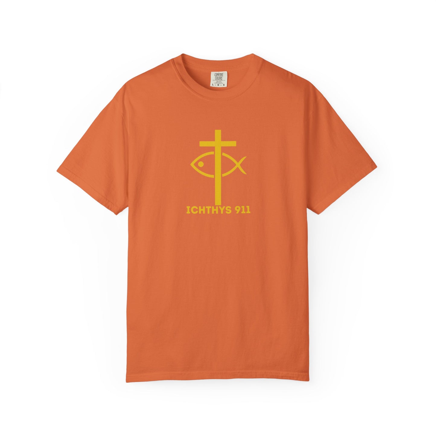 ICHTHYS 911 - "Jesus Christ Son of God Savior" - Gold Font - Unisex Garment Dyed T- Shirt - Men T-Shirt - Women T-Shirt - Christian Streetwear T-Shirt – Jesus Gym & Faith Fashion
