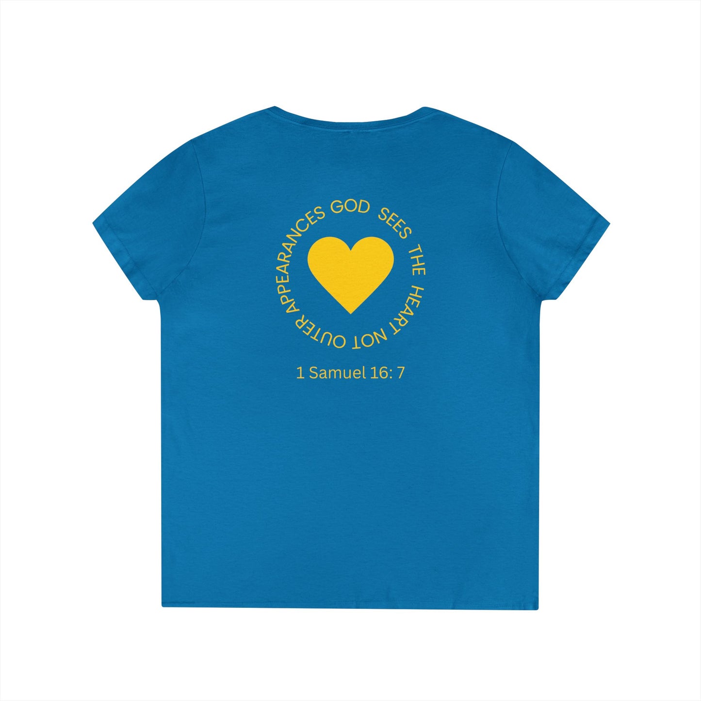 God Sees The Heart Gold Font Women’s Faith-Inspired V-Neck T-Shirt - ICHTHYS 911 Design911 Design