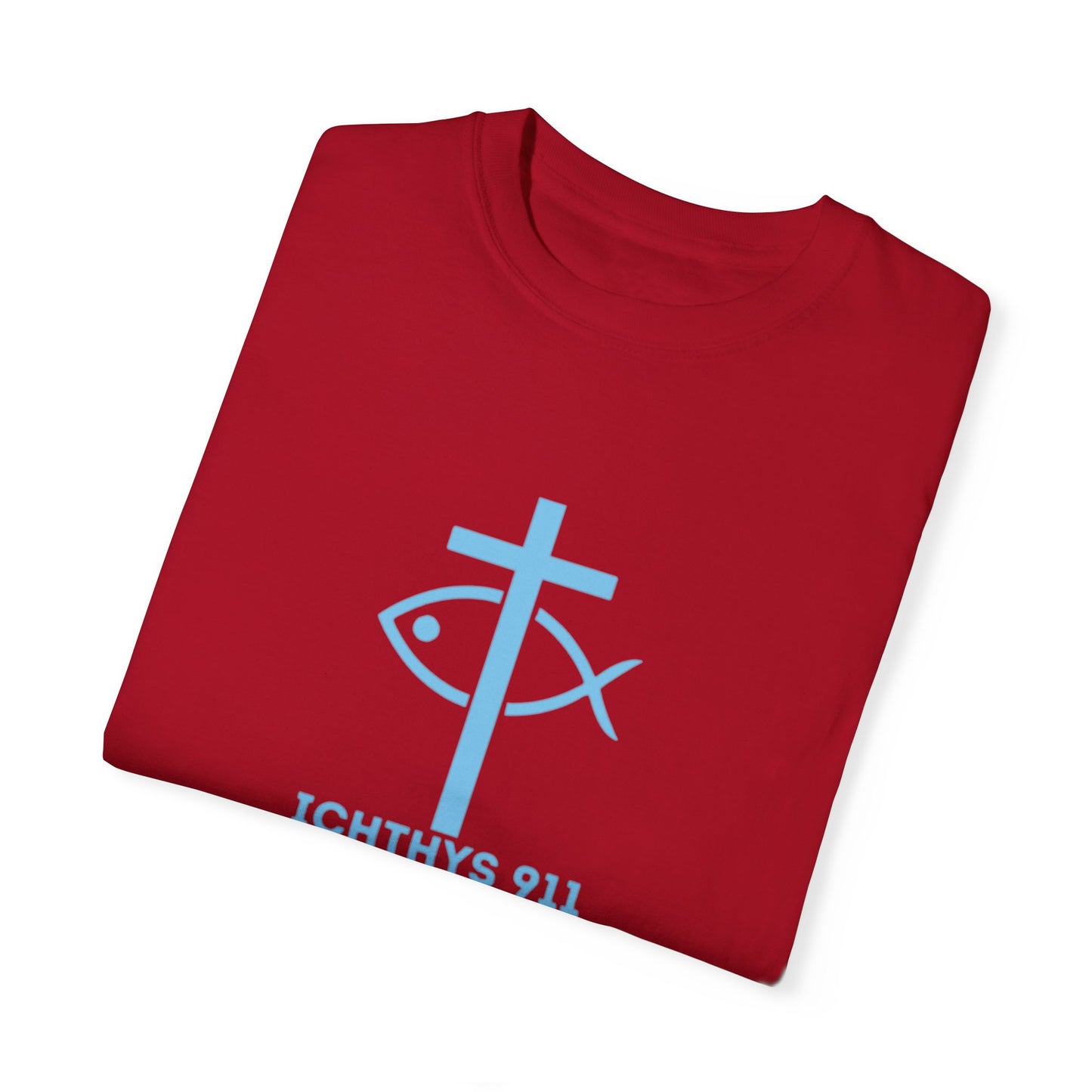 ICHTHYS 911 - Authentic - Christian Streetwear T-Shirt – Jesus Gym & Faith Fashion, Unisex Garment-Dyed T-Shirt Blue Font