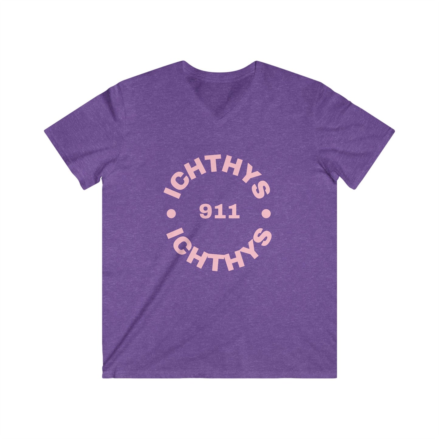 Authentic Round Collection - Men's Fitted V-Neck Short Sleeve T - Shirt - Faith-Inspired - Christian Faith - Pink Font - ICHTHYS 911