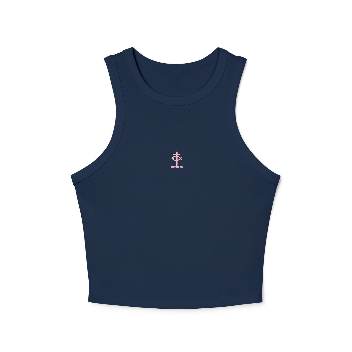 Iēsous Christos, Theou Yios, Sōtēr - Pink Font Faith-Inspired Women's Micro Rib Racer Tank Top - Cute Jesus Christ Design - Women Tank - Christian - Work Out - ICHTHYS 911 Design
