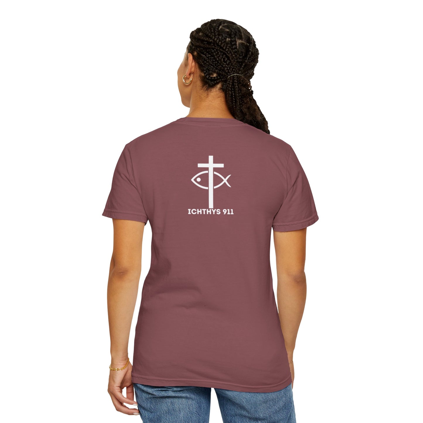 ICHTHYS 911 - "God Sees the Heart" Reverse Design - White Font - Unisex Garment - Dyed T-Shirt - 100% US Cotton - Men T-Shirt - Women T-Shirt - Inspirational Graphic T-Shirt for Everyday Motivation