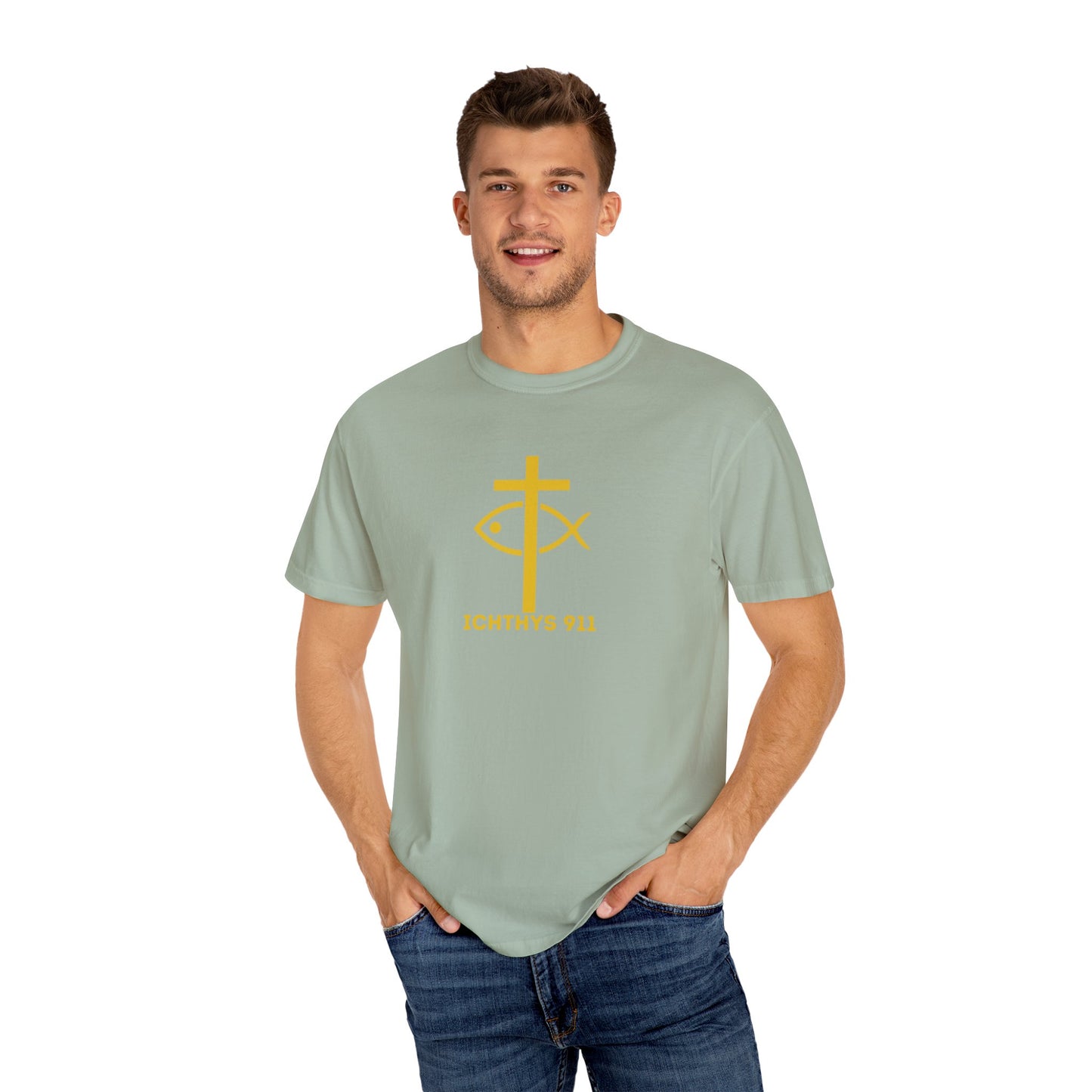 "Jesus Christ Son of God Savior" - Gold Font - Unisex Garment Dyed T- Shirt - Men T-Shirt - Women T-Shirt - Christian Streetwear T-Shirt – Jesus Gym & Faith Fashion,ICHTHYS 911 -