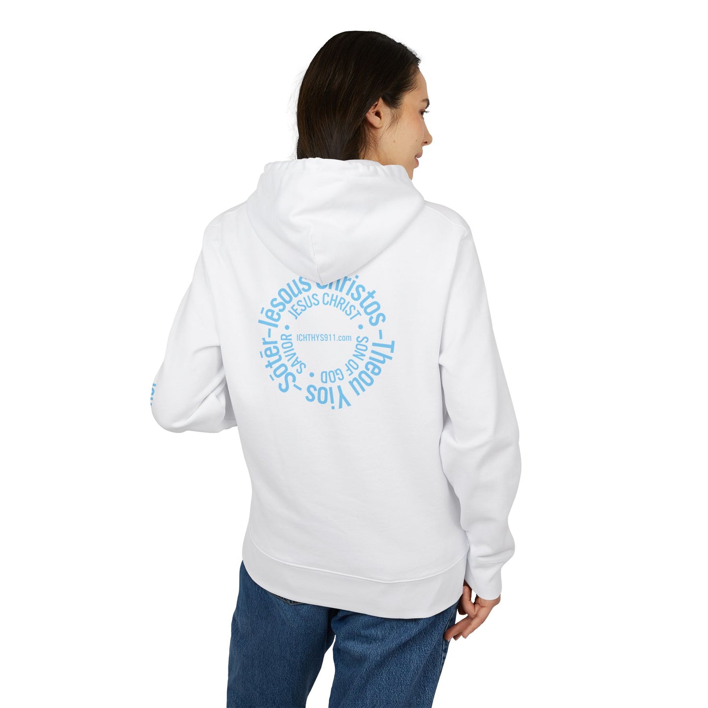 Iēsous Christos, Theou Yios, Sōtēr = Jesus Christ, Son of God, Savior - Unisex - Blue Font - Sweatshirt - ICHTHYS 911 - Hoodie -100% Organic- Heavy