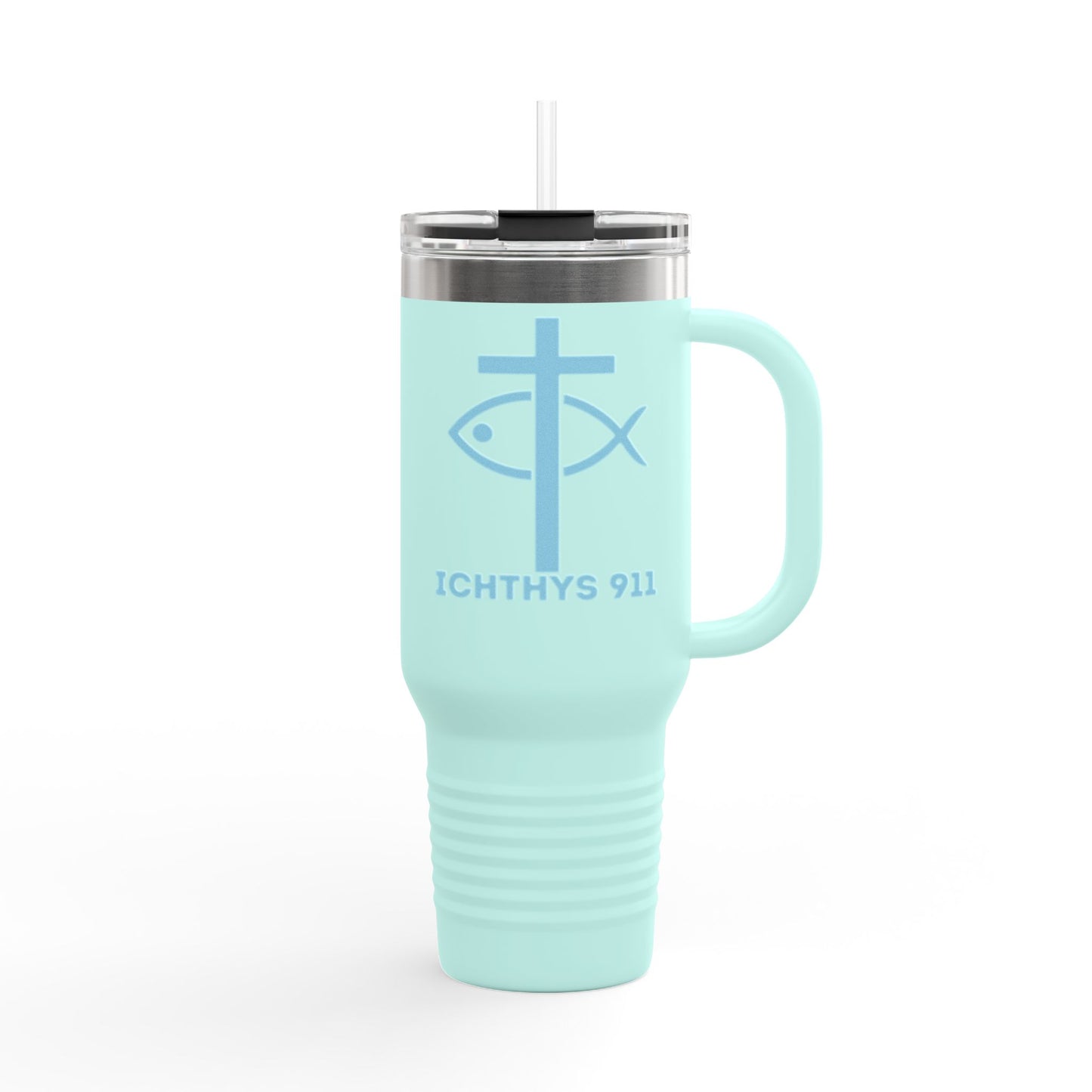 Faith-Inspired Insulated Travel Mug - 40oz with ICHTYS 911 Design