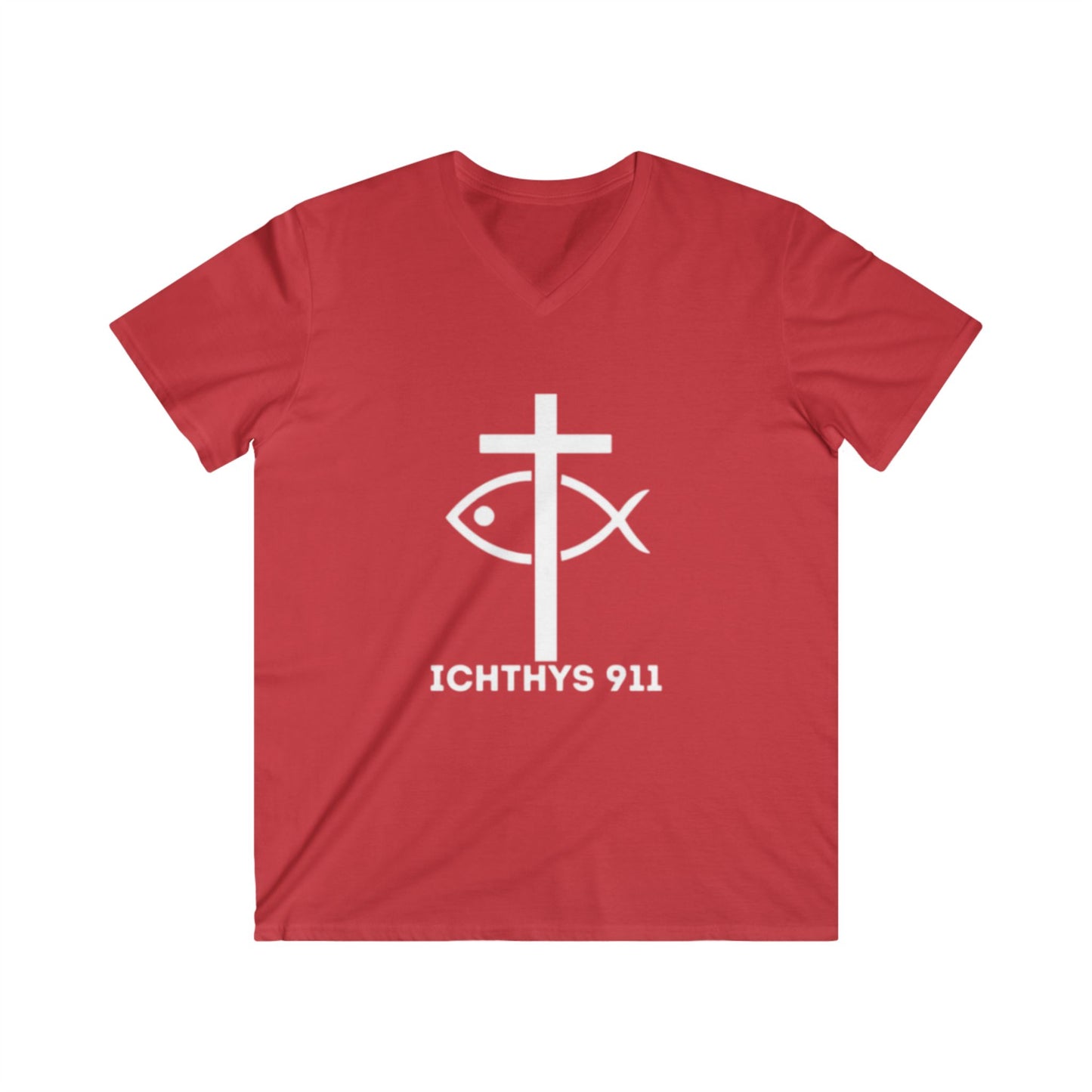 ICHTHYS 911 - Authentic Round Collection - Men's Fitted V-Neck Short Sleeve T - Shirt - Faith-Inspired - Christian Faith - White Font