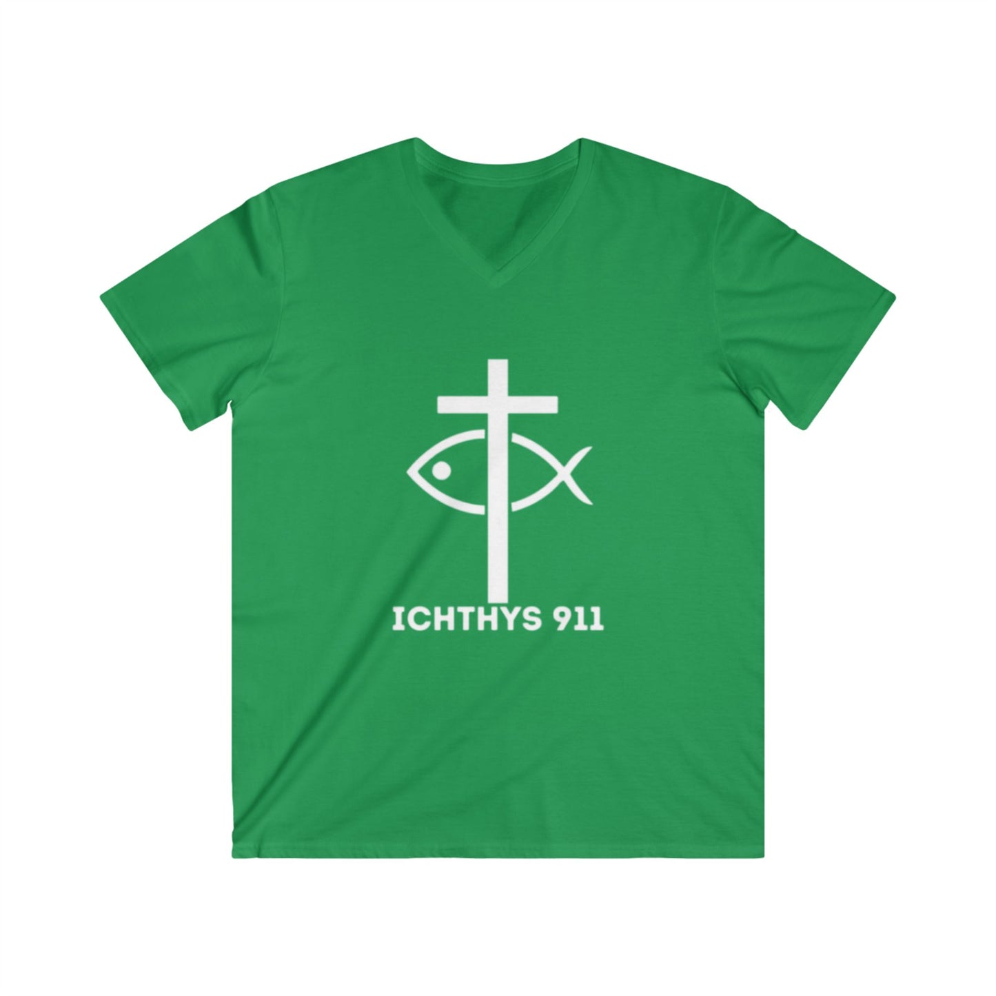 ICHTHYS 911 - Authentic Round Collection - Men's Fitted V-Neck Short Sleeve T - Shirt - Faith-Inspired - Christian Faith - White Font