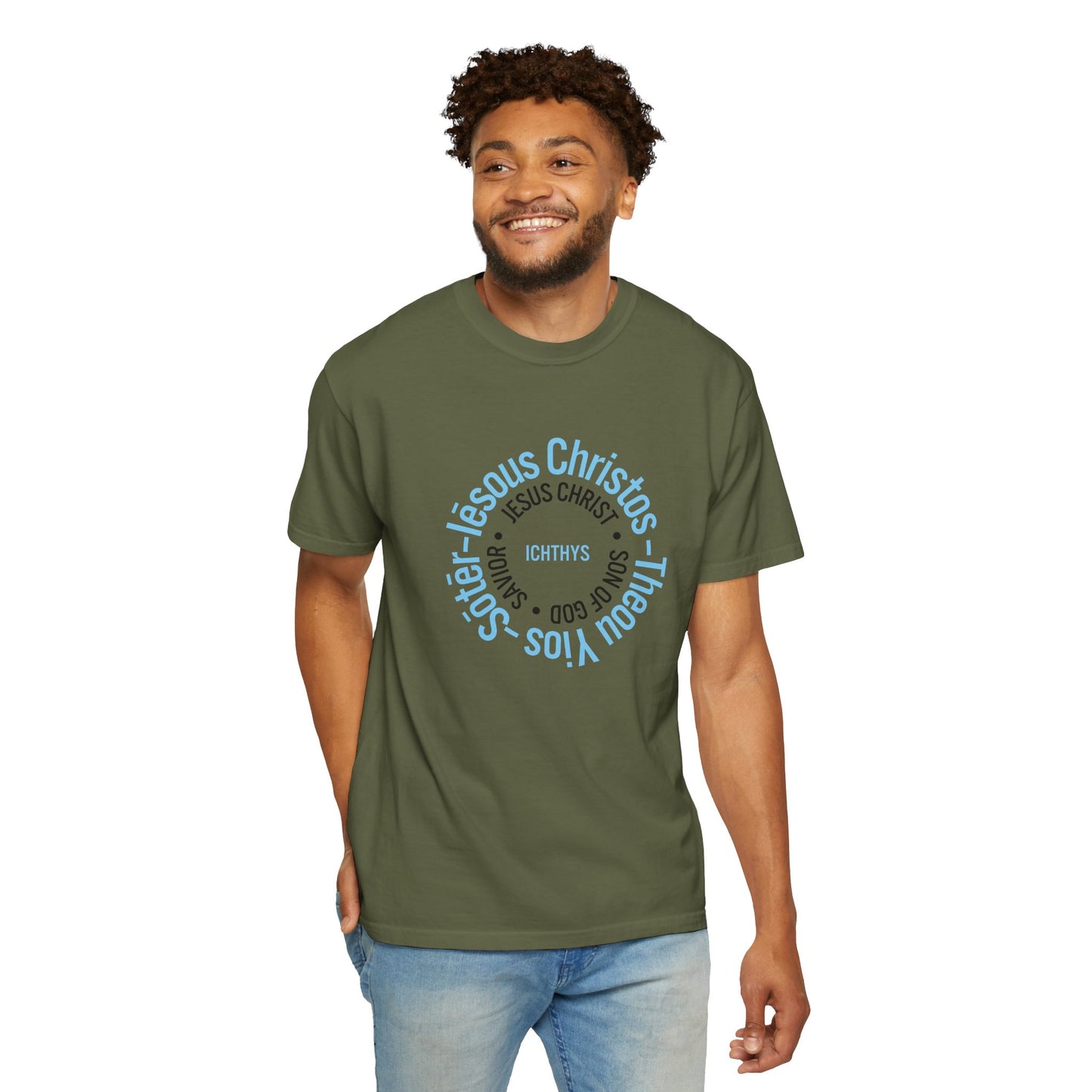 ICHTHYS 911 Blue Font "Iēsous Christos, Theou Yios, Sōtēr" - Reverse - Collection - Unisex - Christian Graphic Tee - Gym - T - Christian Faith - Jesus Wear - Women T-Shirt - Men T-Shirt