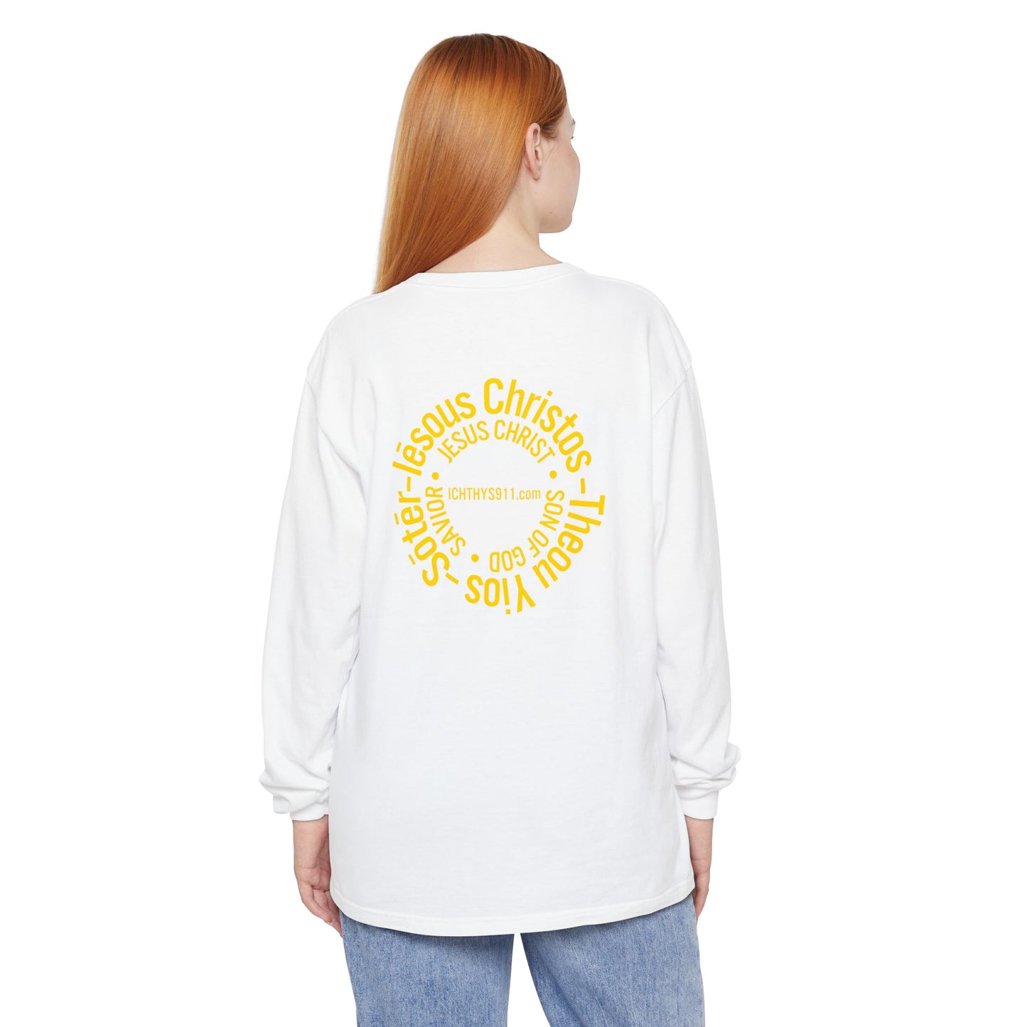 Authentic ICHTHYS 911 Collection -  Gold Font - Unisex Garment Dyed Long Sleeve T-Shirt - Men Long Sleeve - Women Long Sleeve - Christian Faith Symbol Tee - Faith Inspired