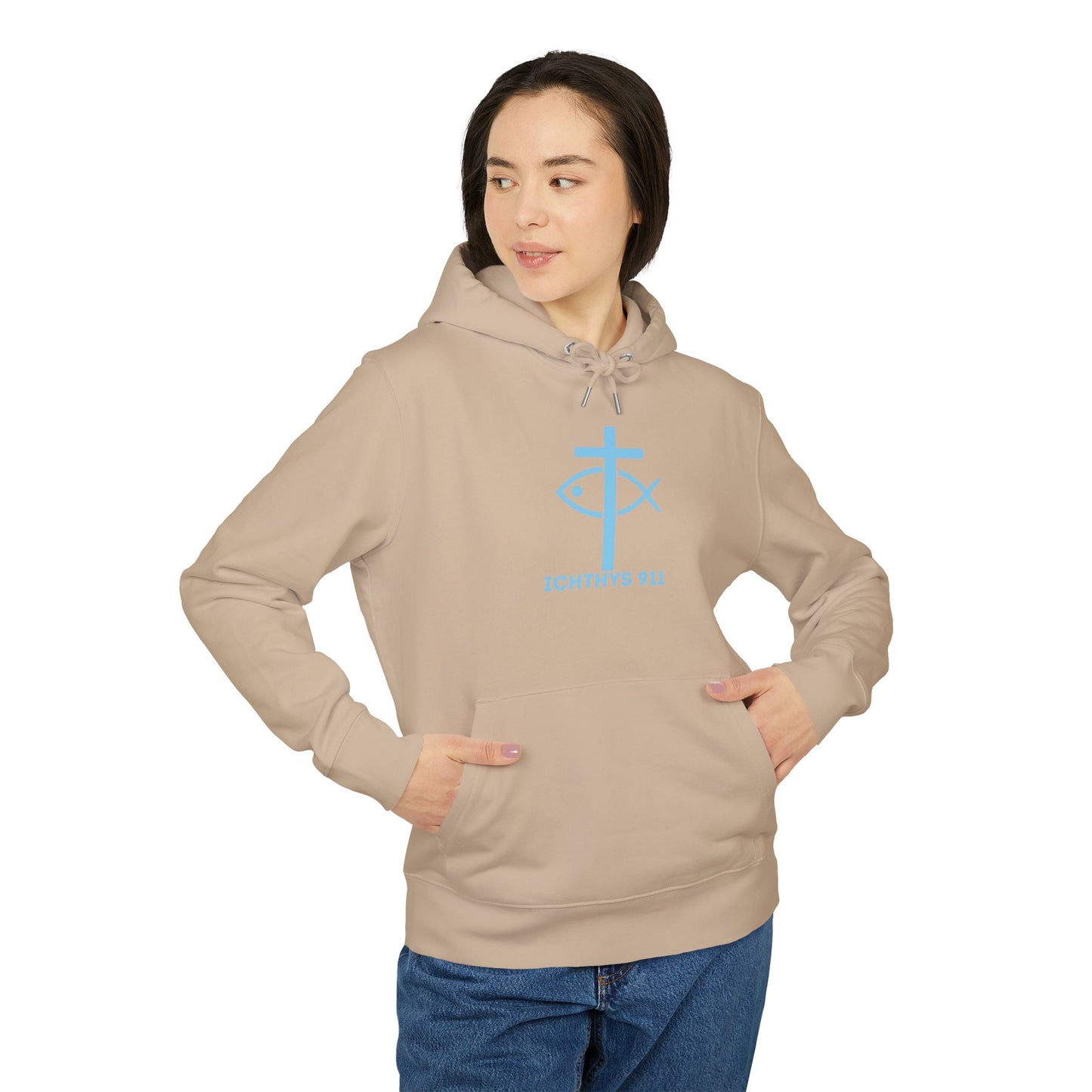 Iēsous Christos, Theou Yios, Sōtēr = Jesus Christ, Son of God, Savior - Unisex - Blue Font - Sweatshirt - ICHTHYS 911 - Hoodie -100% Organic- Heavy